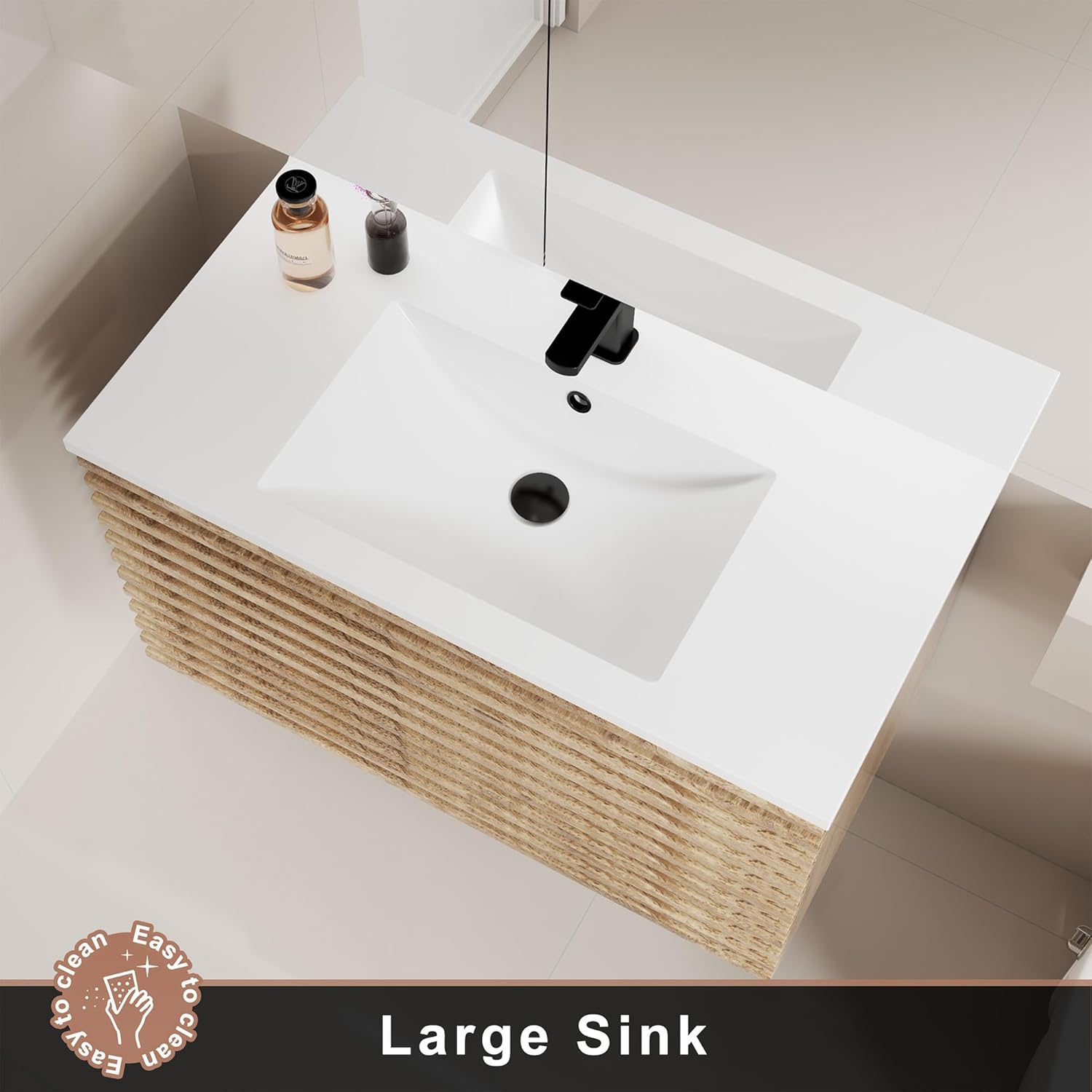 LUCKWIND 36" Floating Bathroom Vanity with Sink, Mid-Century Wall Mounted Big Drawer Cabinet with Large Sink, Water Saving Faucet and Wood Stripes Style, Oak