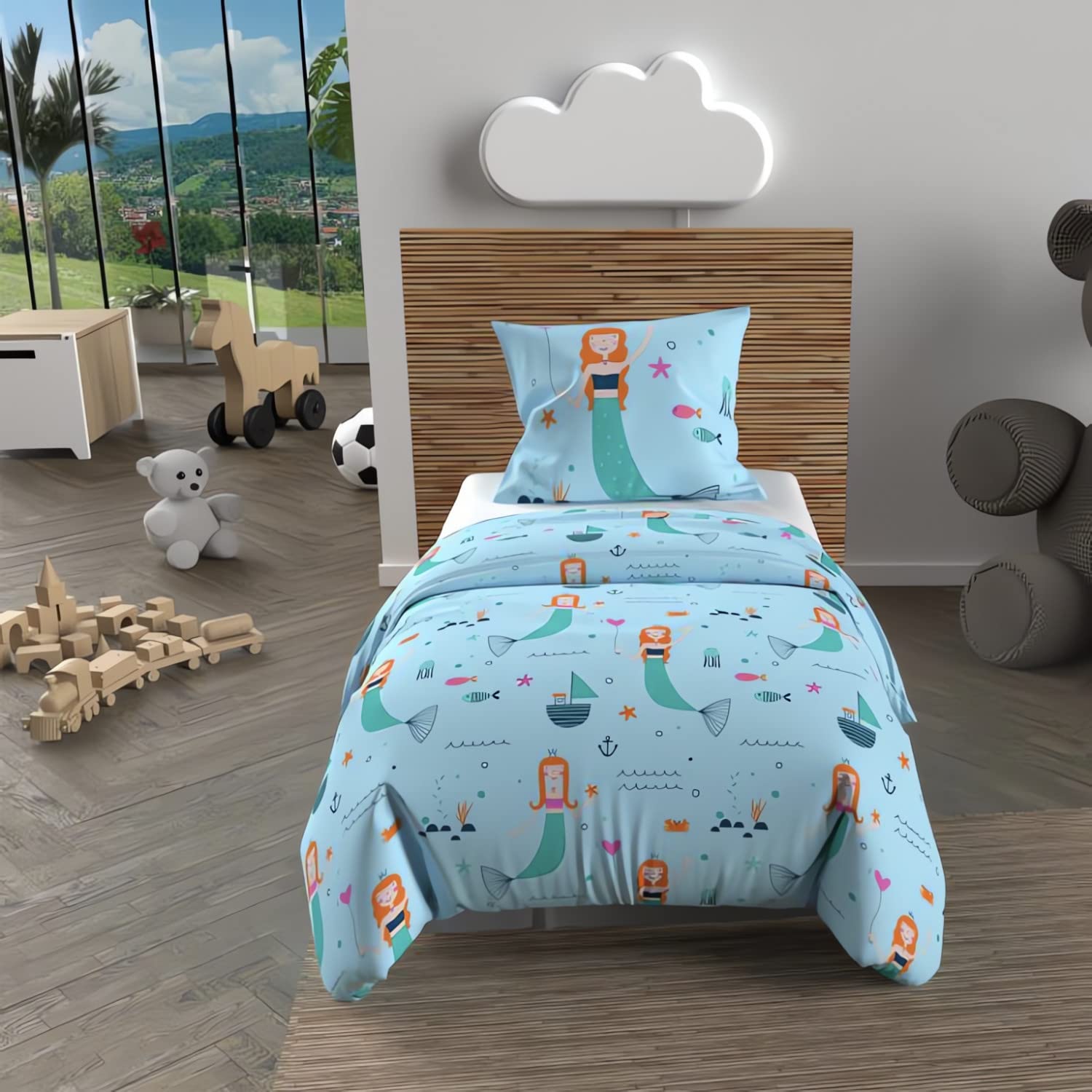 Soleil d'ocre, Duvet Cover Set 120 x 150 cm Sirens Blue 100% Cotton 57 Threads/cm2, Lit d’enfant