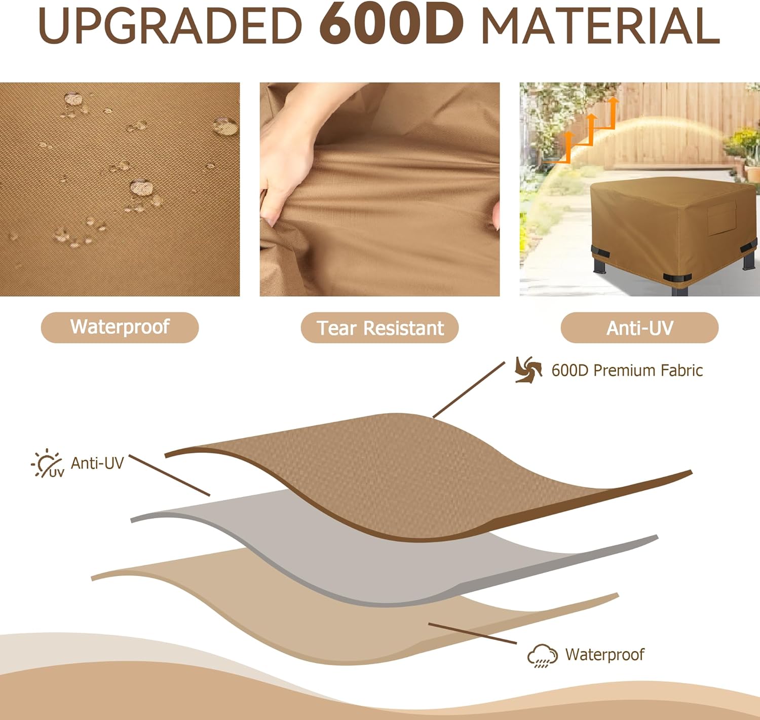 NEXCOVER Square Fire Pit Cover - Waterproof 600D Heavy Duty Cover, Premium Patio Outdoor Cover, 32”L x 32”W x 24”H, Fits for 28 inch, 30 inch, 31 inch, 32 inch Fire Pit / Table, Brown. - Image 3