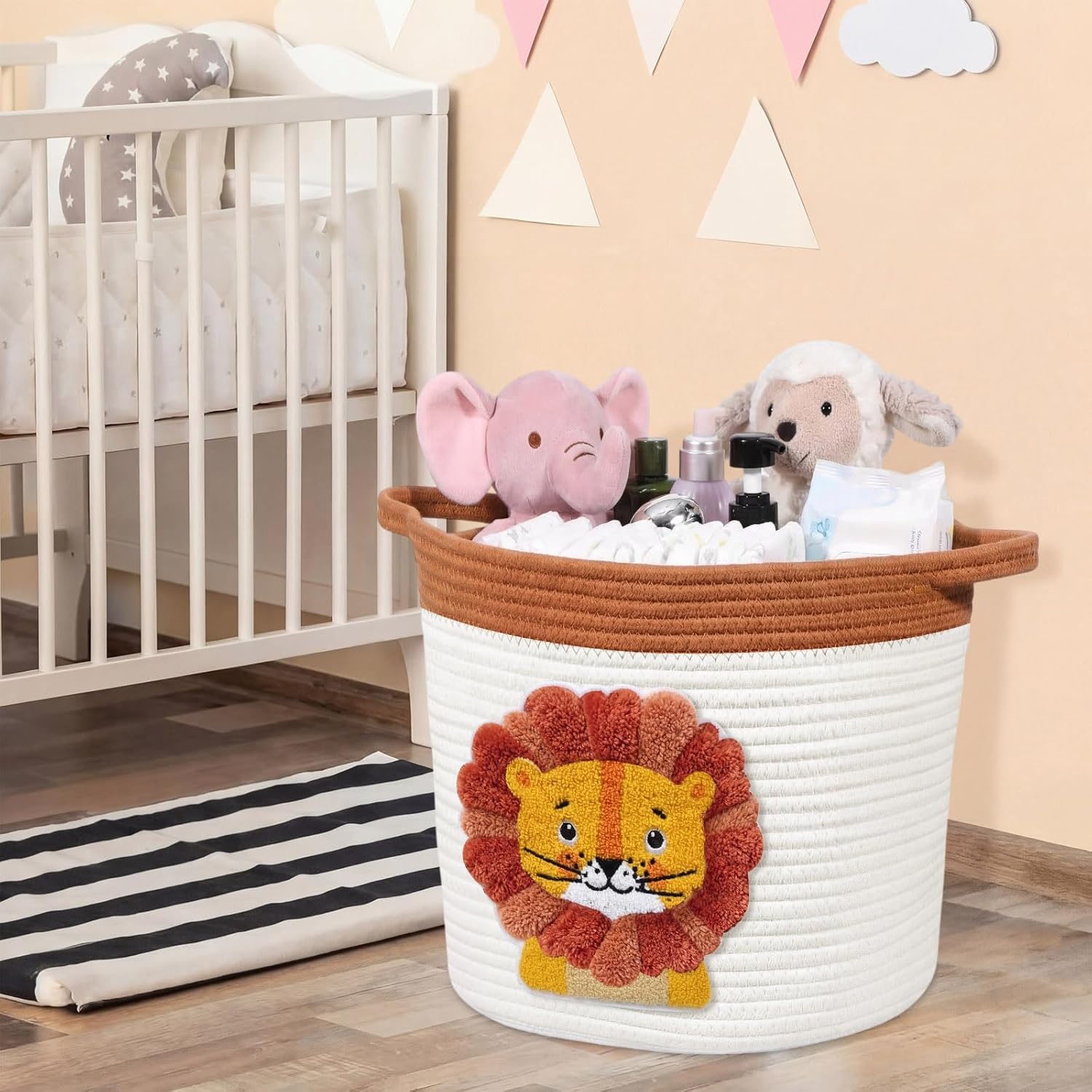 Leinuosen Large Cotton Rope Baby Basket for Nursery 15"x12" Laundry Basket with Handle Lion Jungle Animal Cute Foldable Roomy Storage Organizer for Diaper Caddy Newborn Essentials