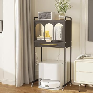 Hidden Robot Vacuum Storage Cabinet with Wheels and Drawer, Mobile Sweeping Robot Stand, Freestanding Rack Space Saving for Living Room, Kitchen and Home Office
