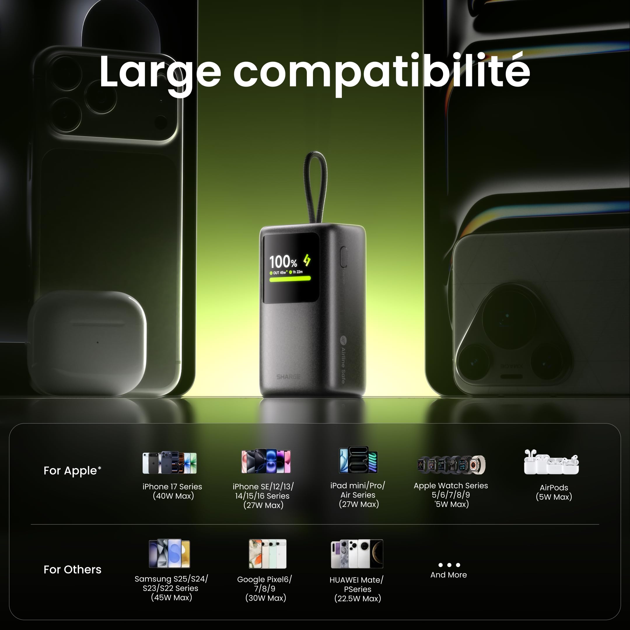sharge 45W Fast Charging Power Bank, Batterie Externe 10000mAh avec câble USB-C rétractable intégré, écran Intelligent et Charge Rapide 45W pour iPhone 17/16, iPad et MacBook Air