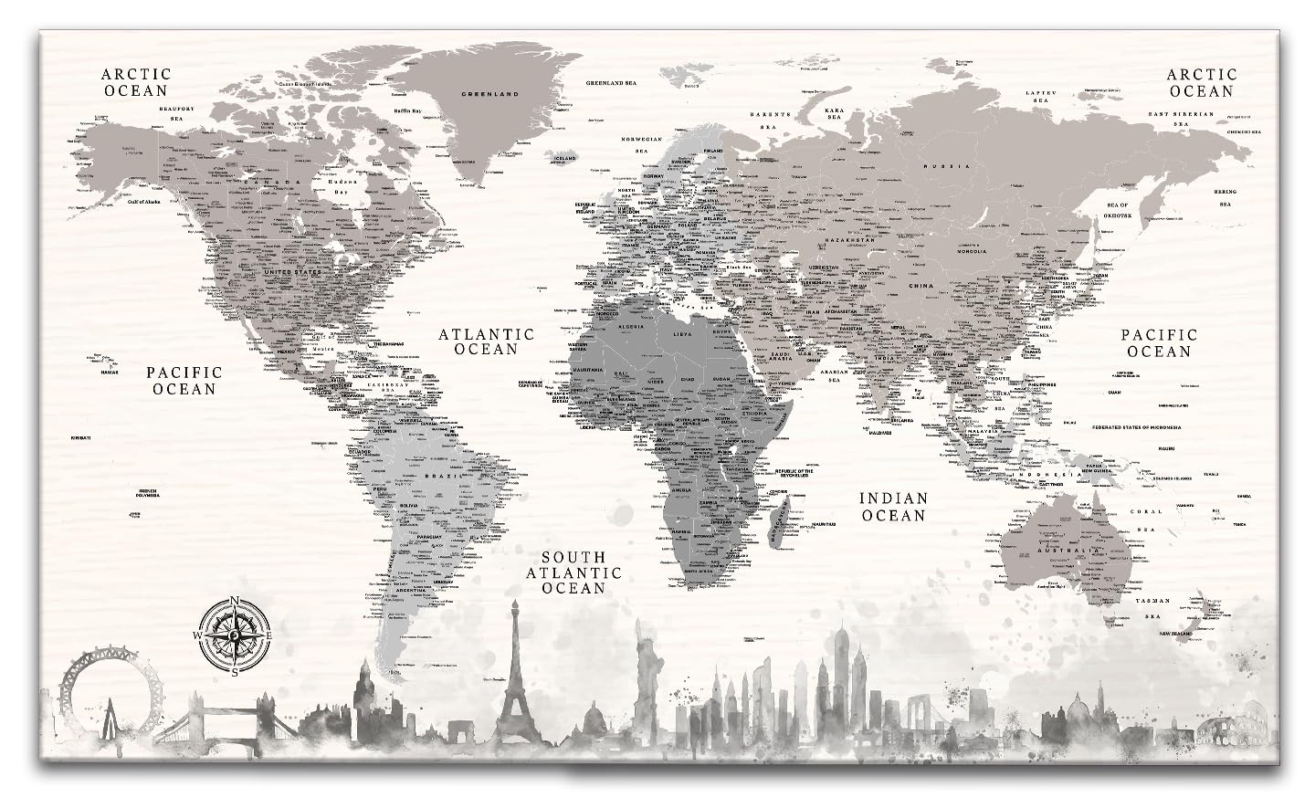 Mapa de Monumentos del Mundo - Lienzo de mapa de viaje de 39 x 23 pulgadas - Mapa del mundo detallado con pines - Mapa de pared canvas art bay - Tablero de destinos de viaje - Mapa listo para colgar