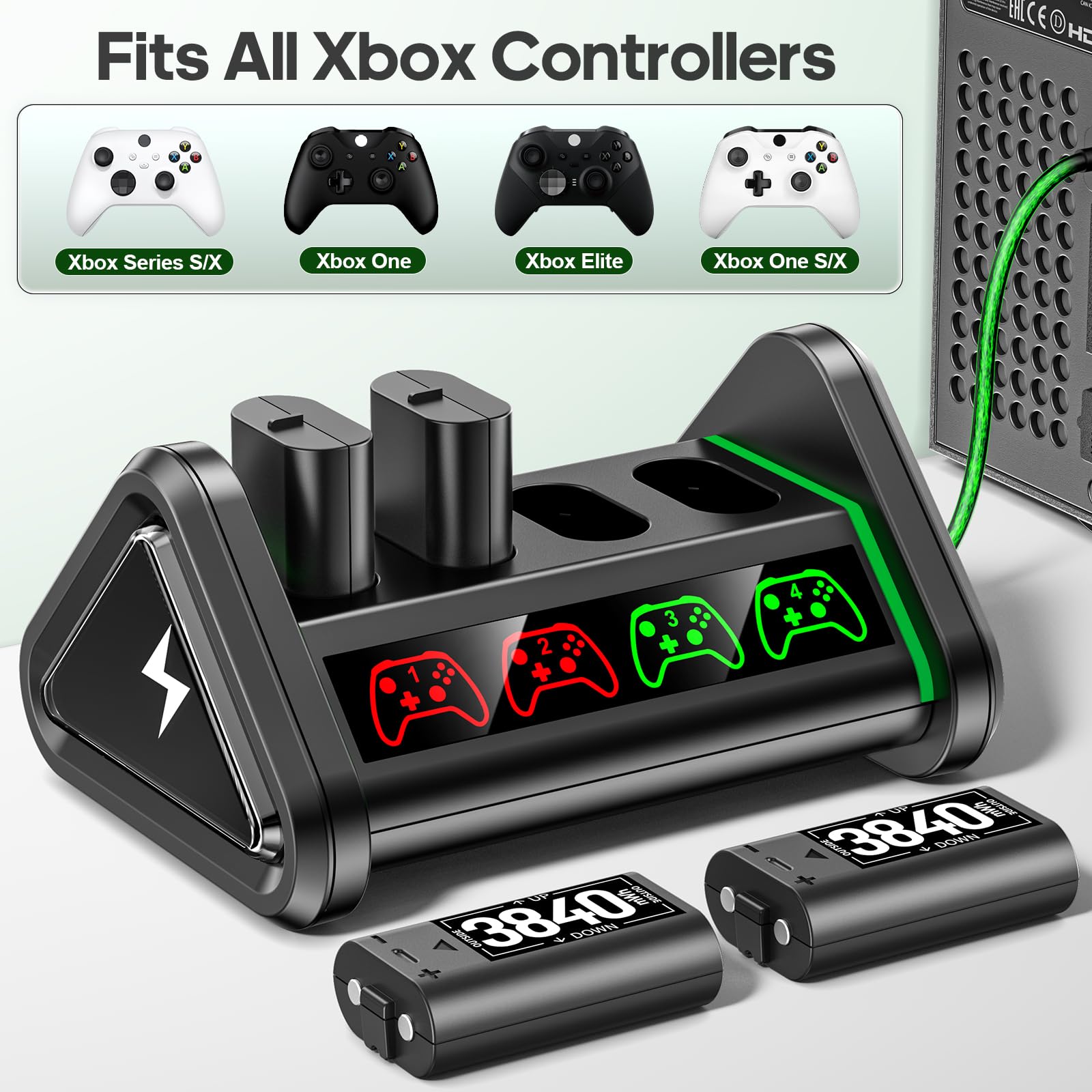 Baterías Recargables para Xbox Mandos, 4x3840mWh Baterías para Xbox, Baterías para Mandos Xbox Xbox One/One S/One X/Elite, Base de Carga para Battery Xbox