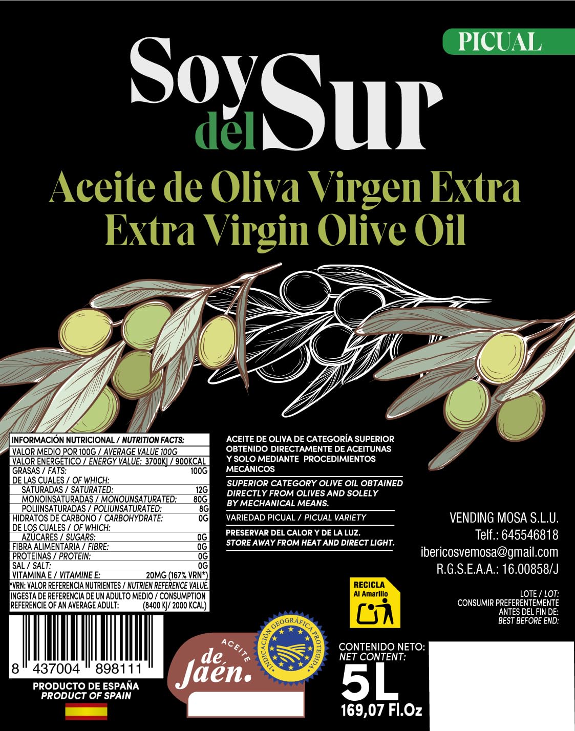Jaén 100% Picual Aceite de Oliva Virgen Extra SOY DEL SUR – IGP Aceite de Jaén – Extracción en Frío – AOVE Premium con Antioxidantes – Sabor Intenso, Frutado Verde y Equilibrado (5 Litros, Pack 3)