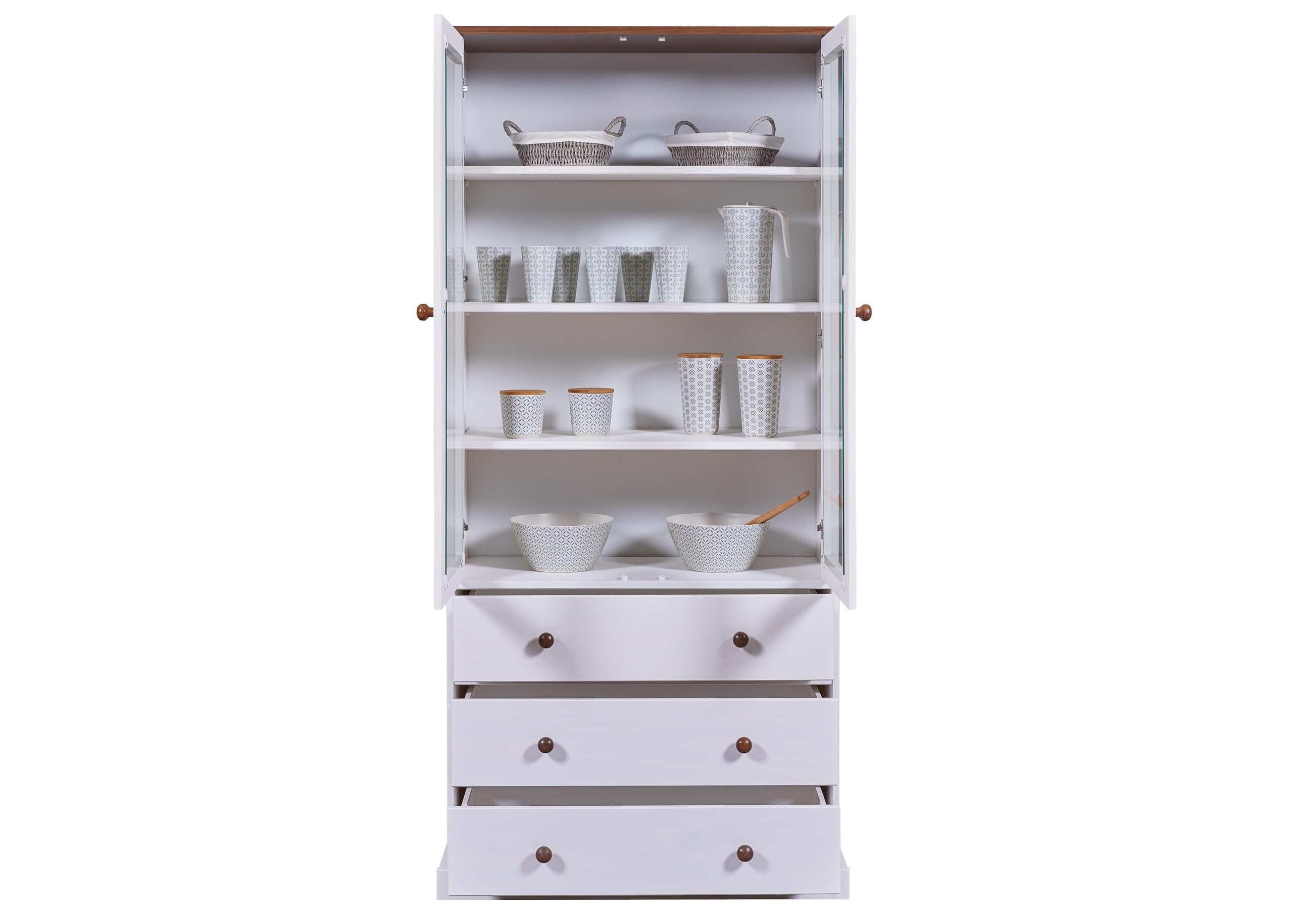 Inter Link – Vitrinenschrank – Buffet-Schrank - Geschirrschrank - Esszimmerschrank - Landhausstil – Vitrine - Kiefer - Massivholz FSC – 2 Türen – 3 Schubladen – 90 x 190 x 38 cm -Westerland 10 – Weiß