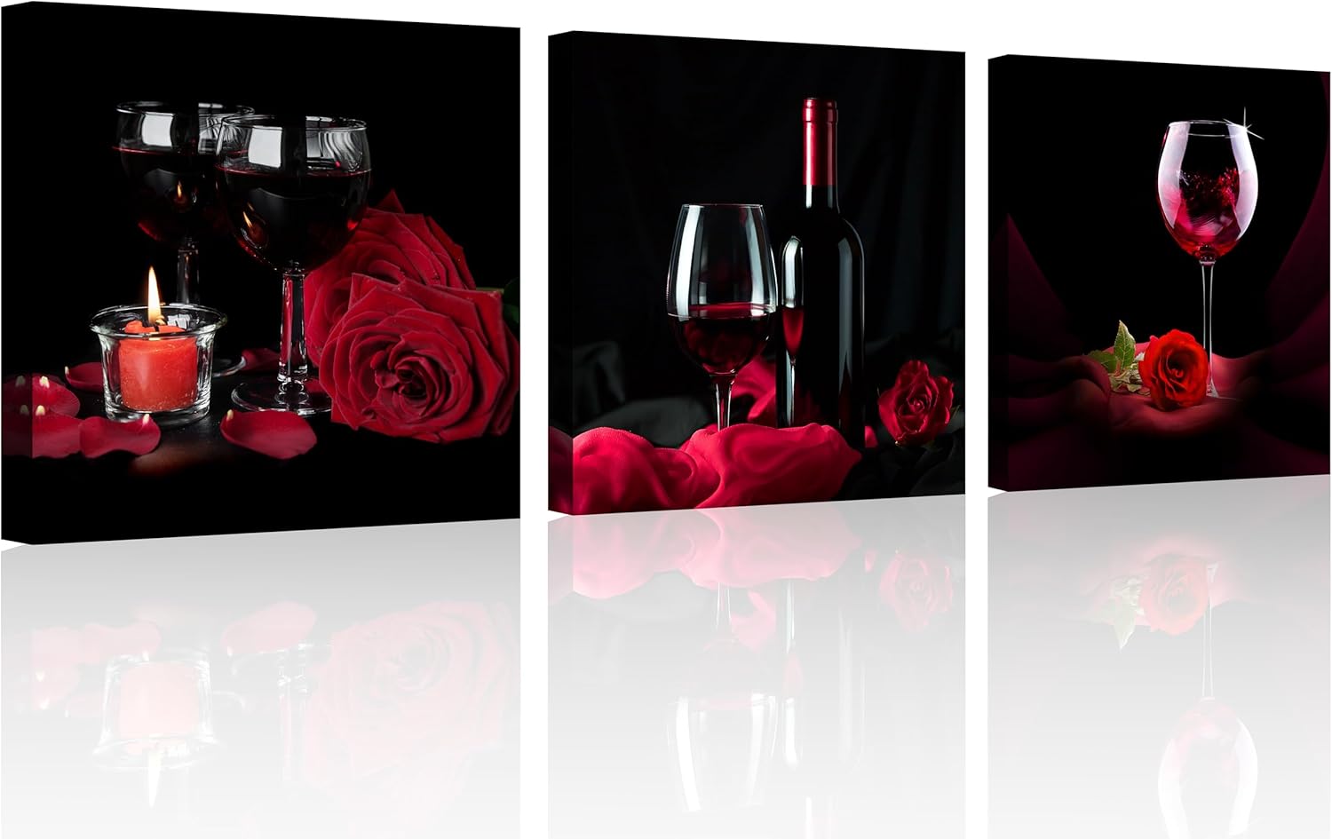 OWNANRTHM Rose Wine Picture Red Wine Rose and Candle Picture Painting Wall Art Red Wine Glass Canvas Wall Art for Living Room Bedroom Home Wall Decor Stretched and Framed 12" x 12" x 3 Pieces