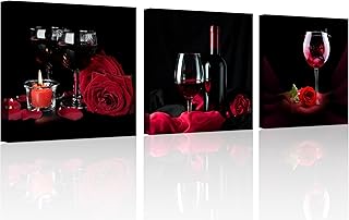 OWNANRTHM Rose Wine Picture Red Wine Rose and Candle Picture Painting Wall Art Red Wine Glass Canvas Wall Art for Living Room Bedroom Home Wall Decor Stretched and Framed 12" x 12" x 3 Pieces