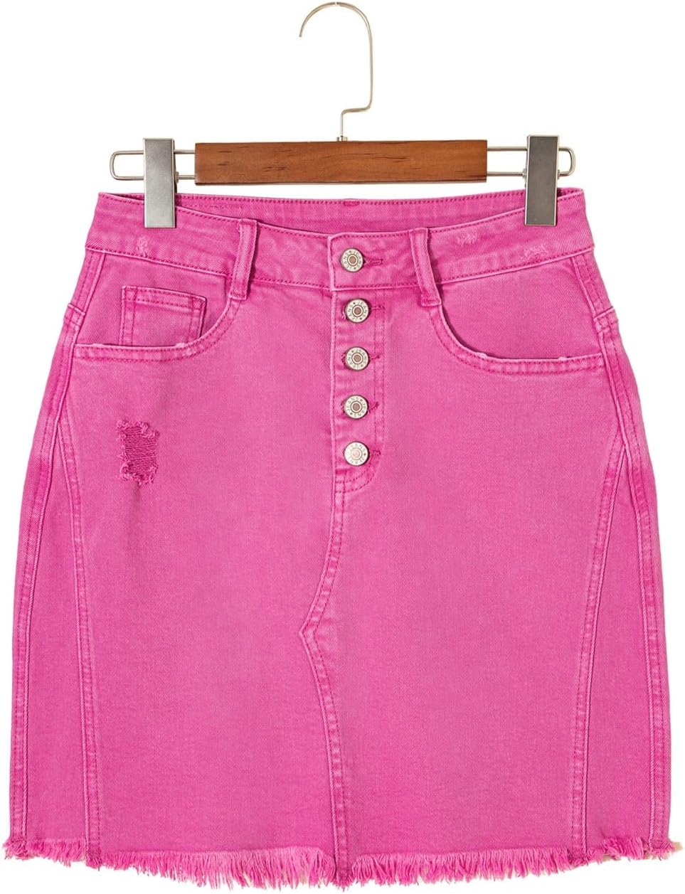 Sidefeel Women's Jean Skirt Stretchy Ripped Frayed Button Fly Summer Denim Skirt