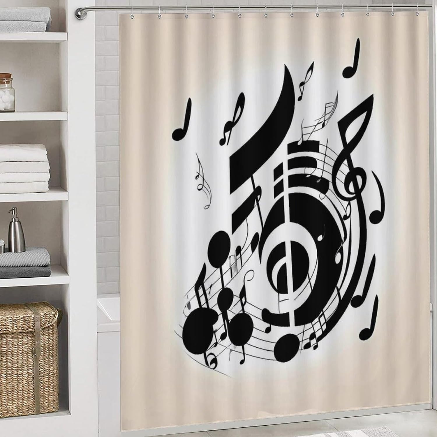 Music Note 4-Piece Shower Curtain Set with Shower Curtain and Rugs Modern Bathroom Curtains Bath Accessories with Mats Toilet Lid Cover and 12 Hooks image 5