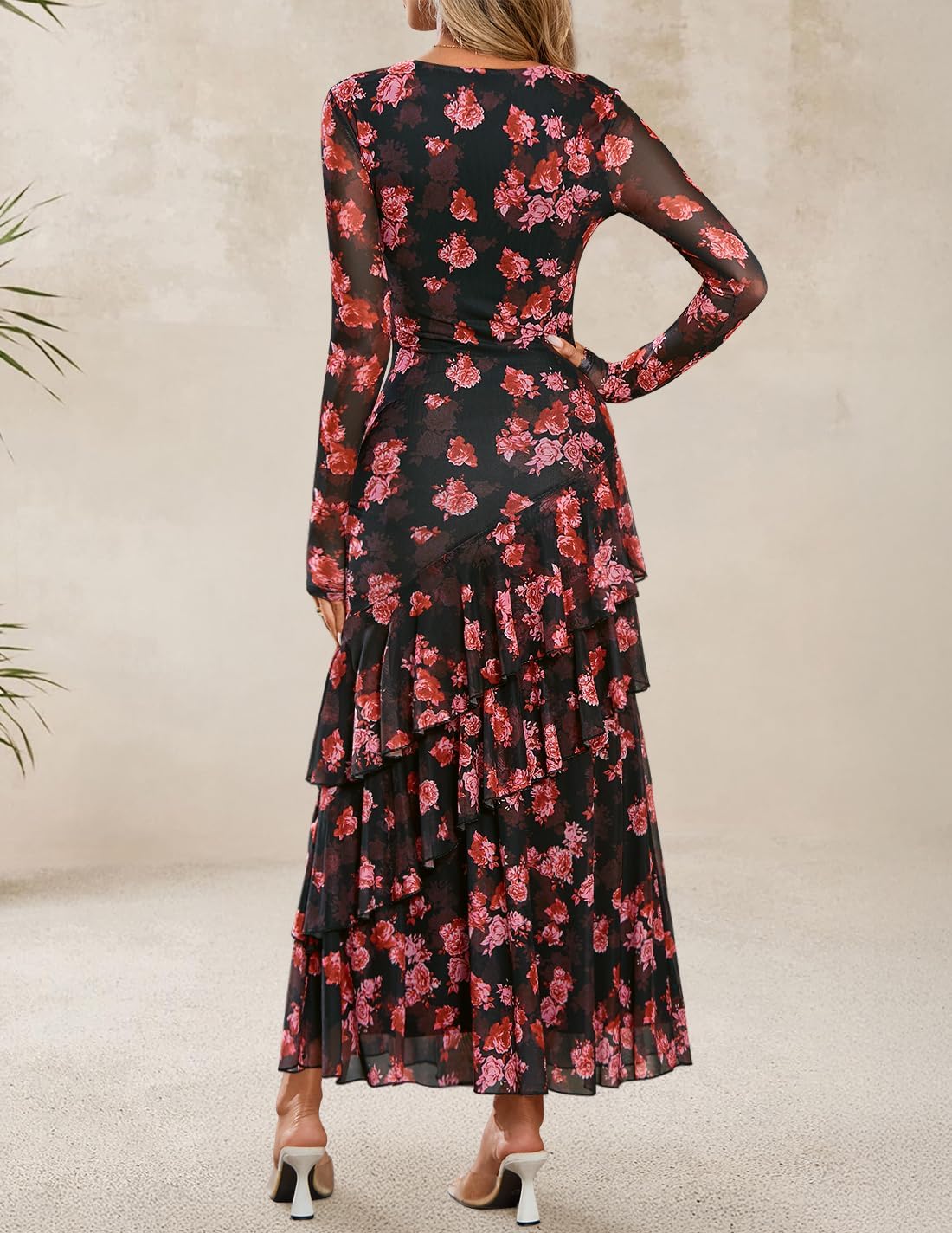 ZESICA Women's Spring Floral Wedding Guest Bodycon Dresses 2026 Long Sleeve Crewneck Mesh Ruffle Mermaid Party Maxi Dress - Image 4