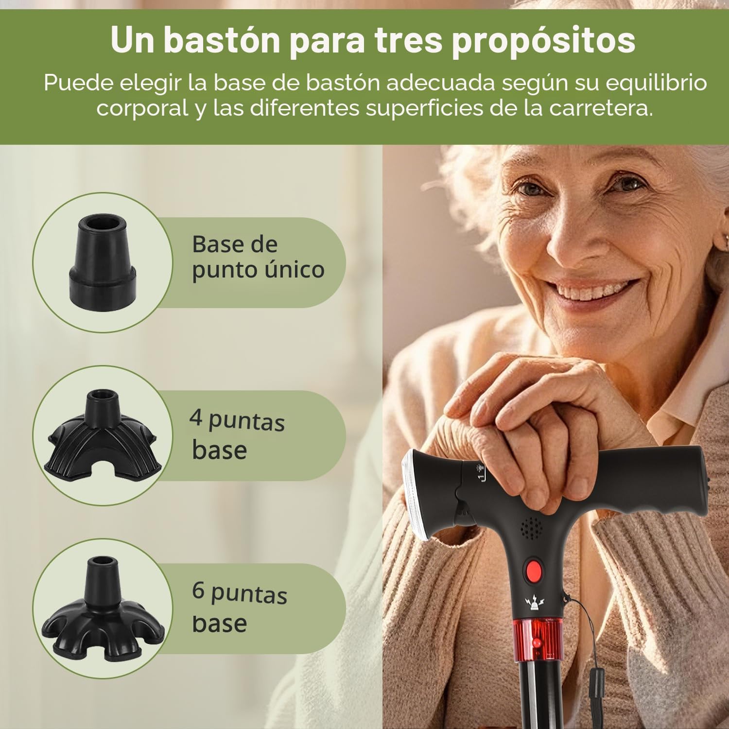 bastón, con una Capacidad de 113 kg, bastón Plegable Ajustable en Altura, con Linterna led, luz de Advertencia y Alarma, Adecuado para Personas Mayores y Adultos