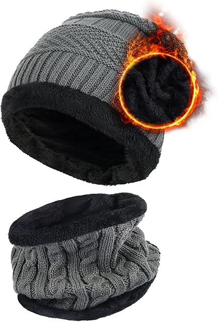 Aisprts Winter Beanie Hat Scarf Set, Fleece Lining Warm Knitted Hat and Neck Warmer Winter Outdoor Ski Hat and Snood for Men Women