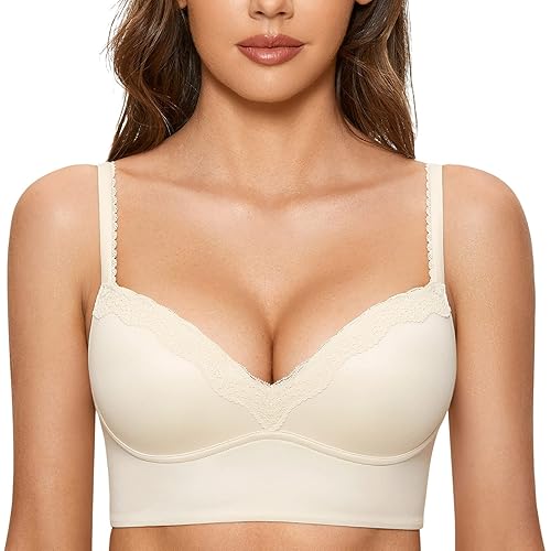 DOBREVA Women's Push Up Bra Wireless Padded No Underwire Bralettes Lace Plunge Bras