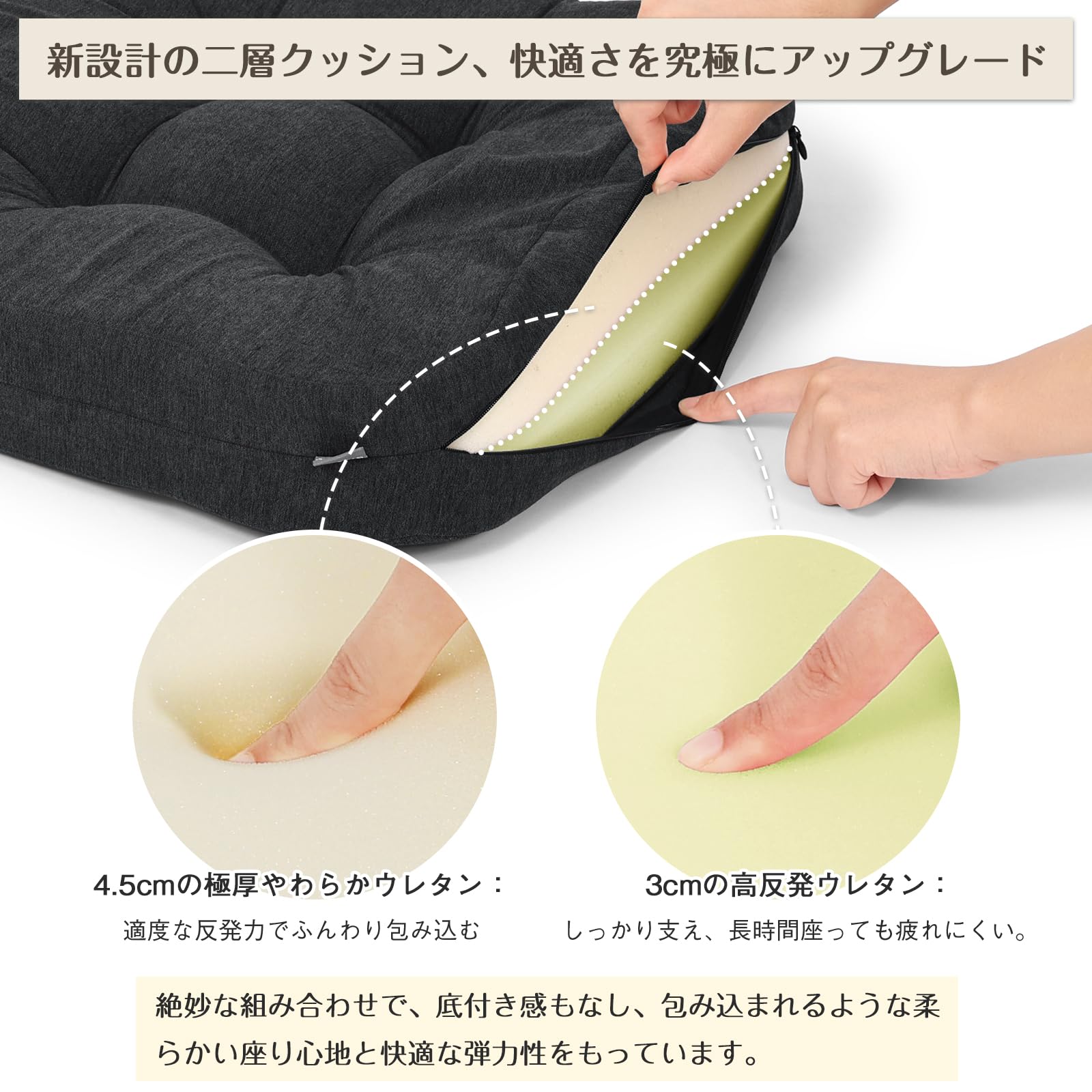 TanYoo 座布団 クッション 椅子クッション 厚め7.5cm 高反発座布団 二層構造 お尻が痛くならない 両面使えるざぶとん チェア用 フロア用 40cm角(ブラック ２枚セット)