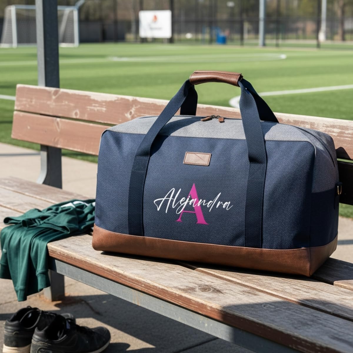 DEREGALOOS Bolsa de Viaje Personalizada con Nombre. Bolsa de Deporte de 47,5L en Algodón con Detalles Marrones. Ideal para Escapadas, Gimnasio (Azul - Inicial y Nombre) — view 7