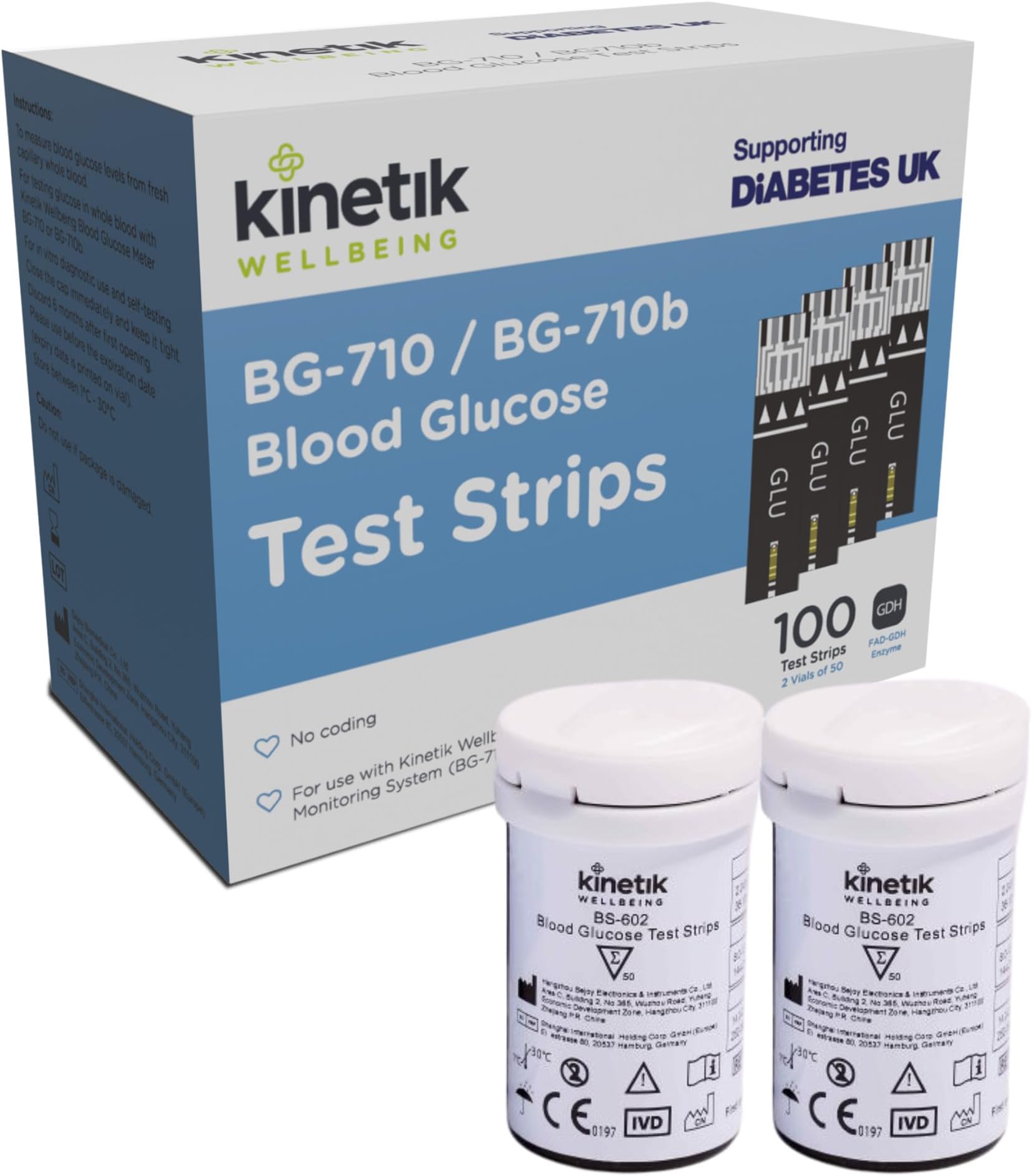 Kinetik Wellbeing Blood Glucose Test Strips, Pack of 100 - Compatible with Kinetik Monitor BG-710 - Home Diabetic Glucose Strips Used by the NHS - For Blood Sugar Level Monitors & Diabetes Management