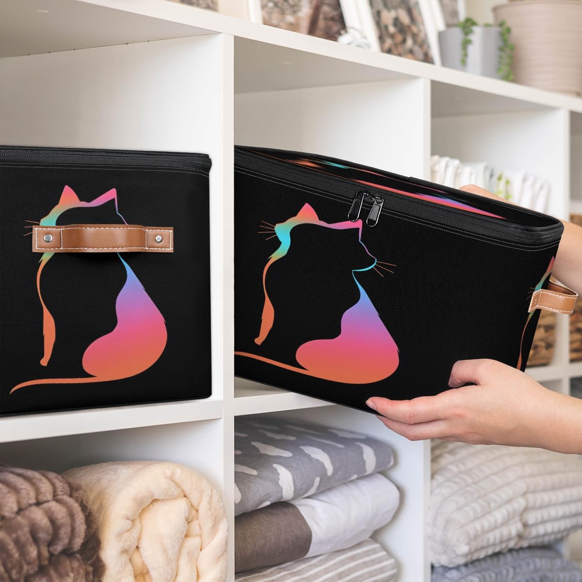 Storage Bin Set of 2 Abstract Cat Storage Basket with Zipper Lid & Handle Foldable Closet Shelf 2 Pack Cloth Organizer Basket Cube Bins Clothes Organizer for Nursery, Bedroom