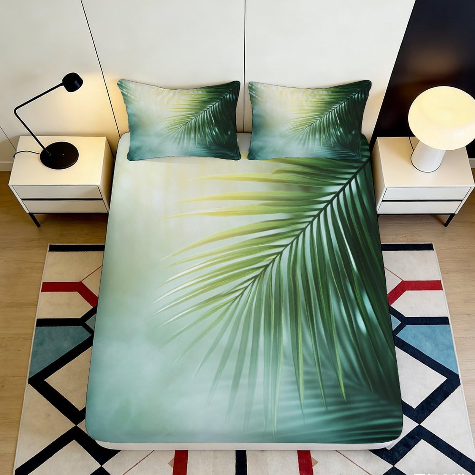 3D Printed Tropical Leaf Fitted Sheet Microfiber Soft Deep Pocket Bedroom Bedding Tropical Leaf Mattress Fitted Cover Elastic Hem Washable for Home 180x200x25cm