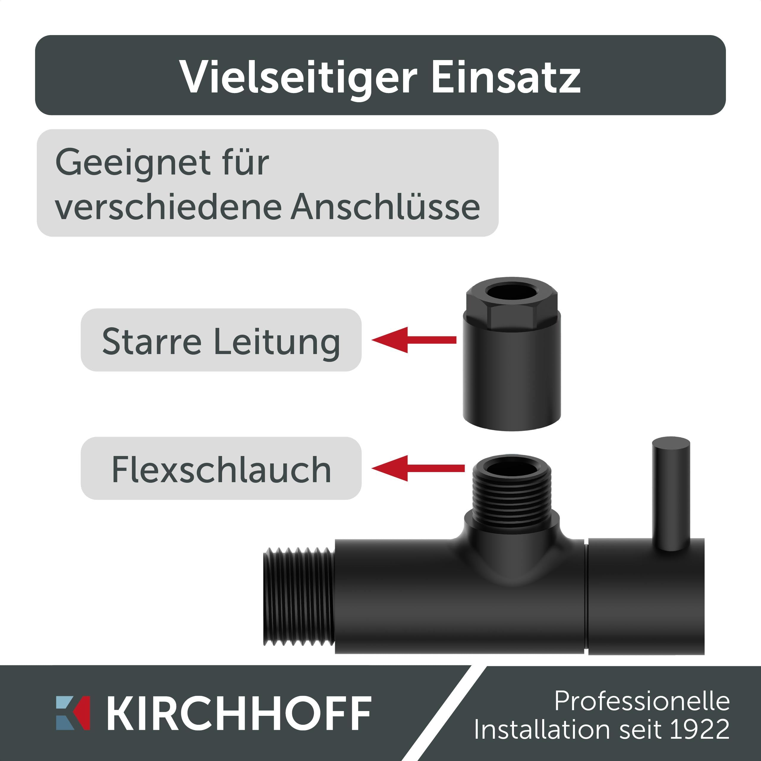 Bundle aus KIRCHHOFF Design Universal Eckventil mit Schnellverschluss + Design Siphon, Matt Schwarzer Abfluss, Ablaufgarnitur für Waschbecken, Geruchsverschluss mit Reinigungsöffnung, Flaschensiphon