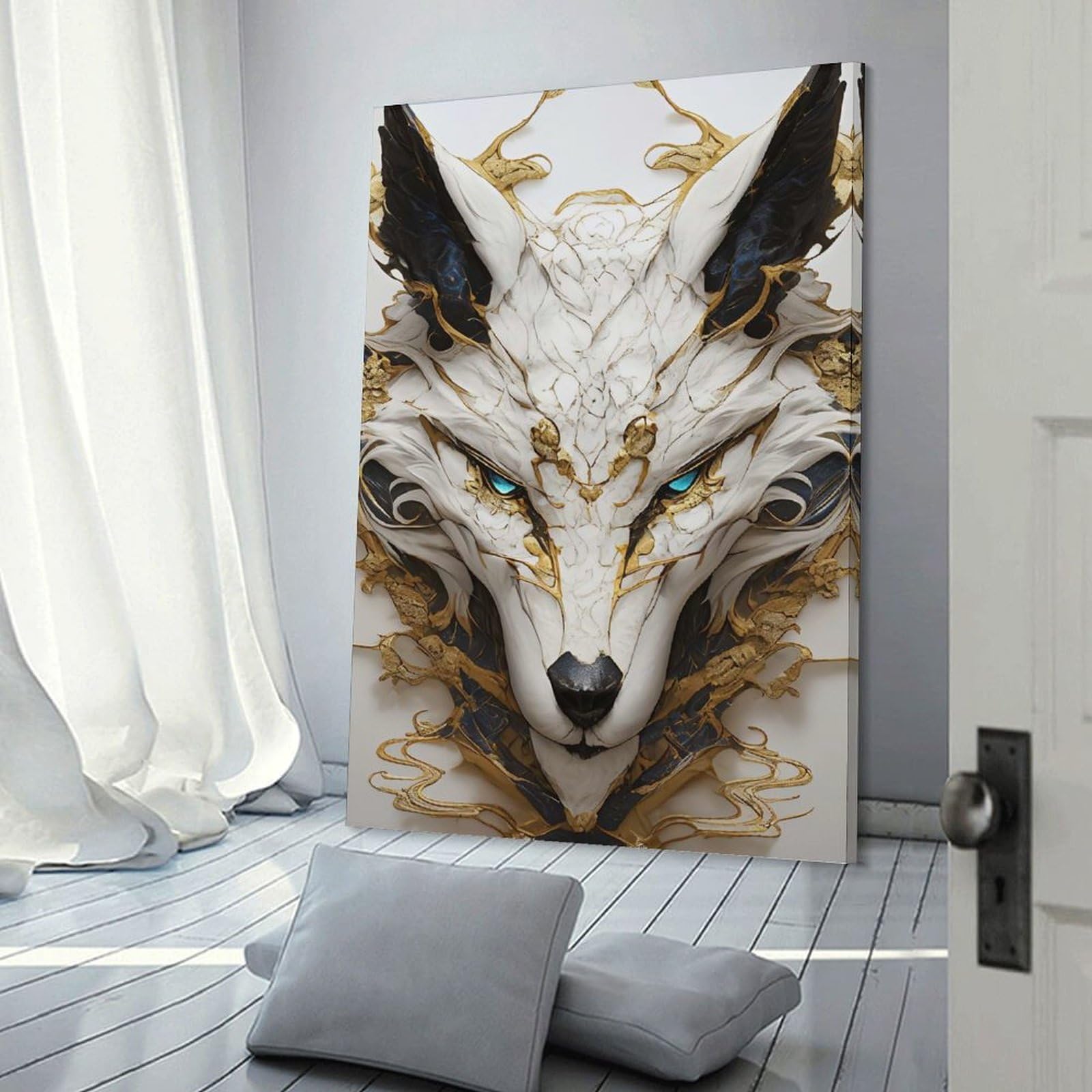Junmoney Frame-Style-16 Canvas Wall Decor Ornate White And Gold Wolf Portrait, 12X18inch(30X45cm), For Home Lounge, Bedroom Or Reading Nook, Eye Catching Artwork For Blank Walls