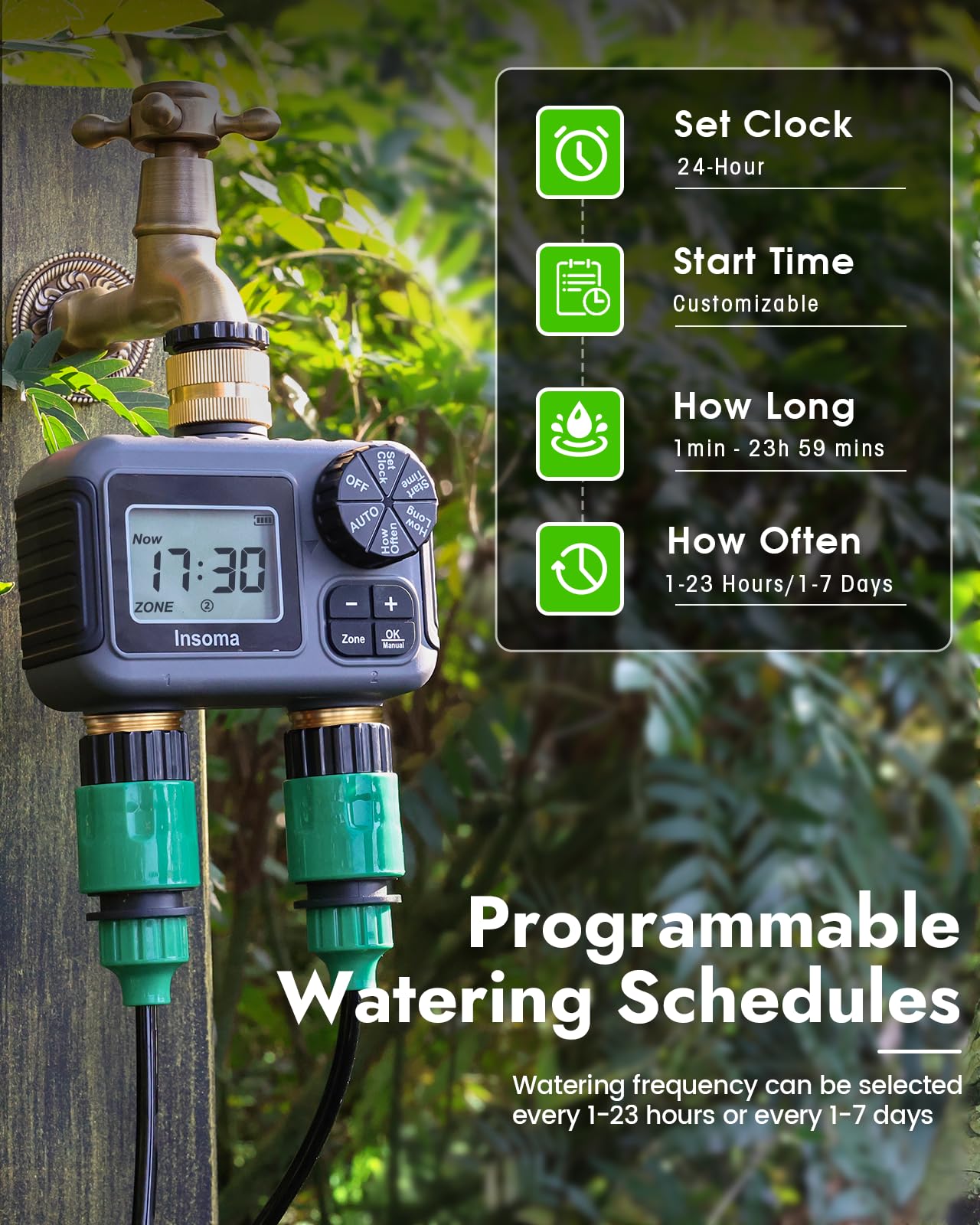 Insoma Sprinkler-Timer mit 2 Ausgängen und Messing-Einlass & Auslass, Wasser-Timer für Gartenschlauch mit automatischen/manuellen Modi + Regenverzögerung, Schlauch-Timer für Garten, Hofrasen, IPX5