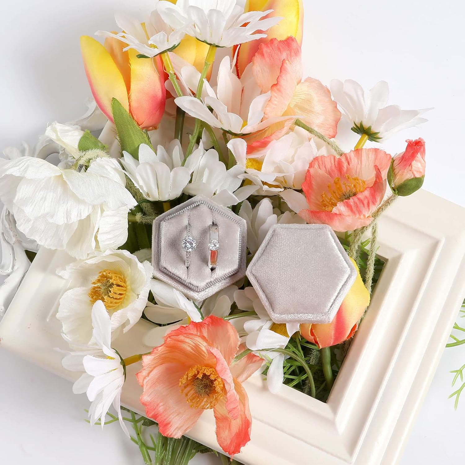 AIEX Velvet Ring Box for Jewelry, Ring Box Wedding Double Slots Hexagon Ring Case Box for Proposal Engagement Wedding Ceremony Valentines Day Holding 2 Rings (Beige Grey)