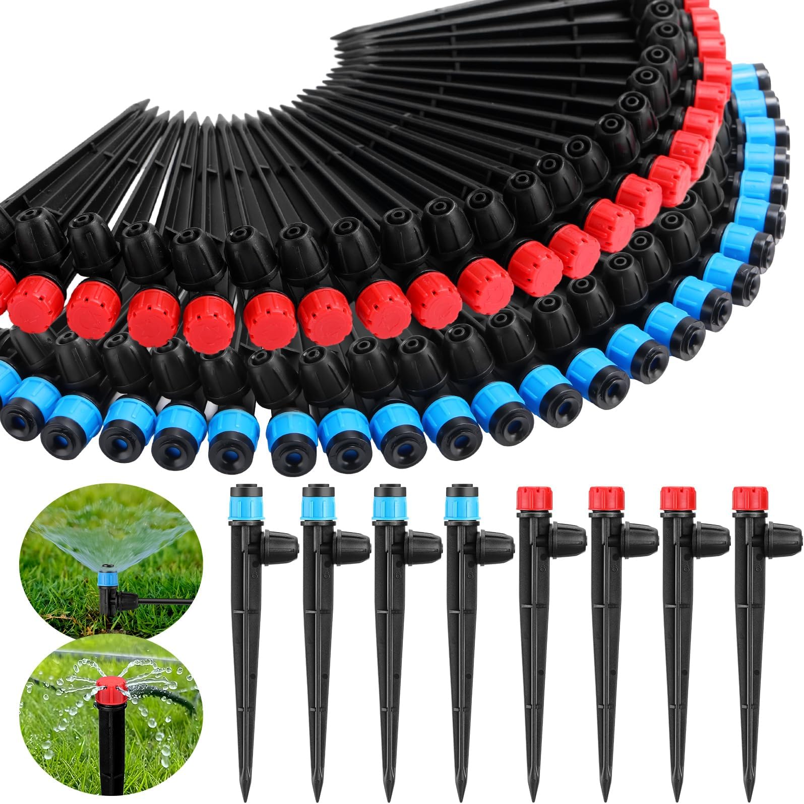 100 Pcs Drip Irrigation Emitters Automatic Irrigation Drippers 50 Drip Emitters for 1/4" Drip Irrigation Tubing 50 Adjustable 360 Degree Water Flow Drippers (Red, Blue,Latch)