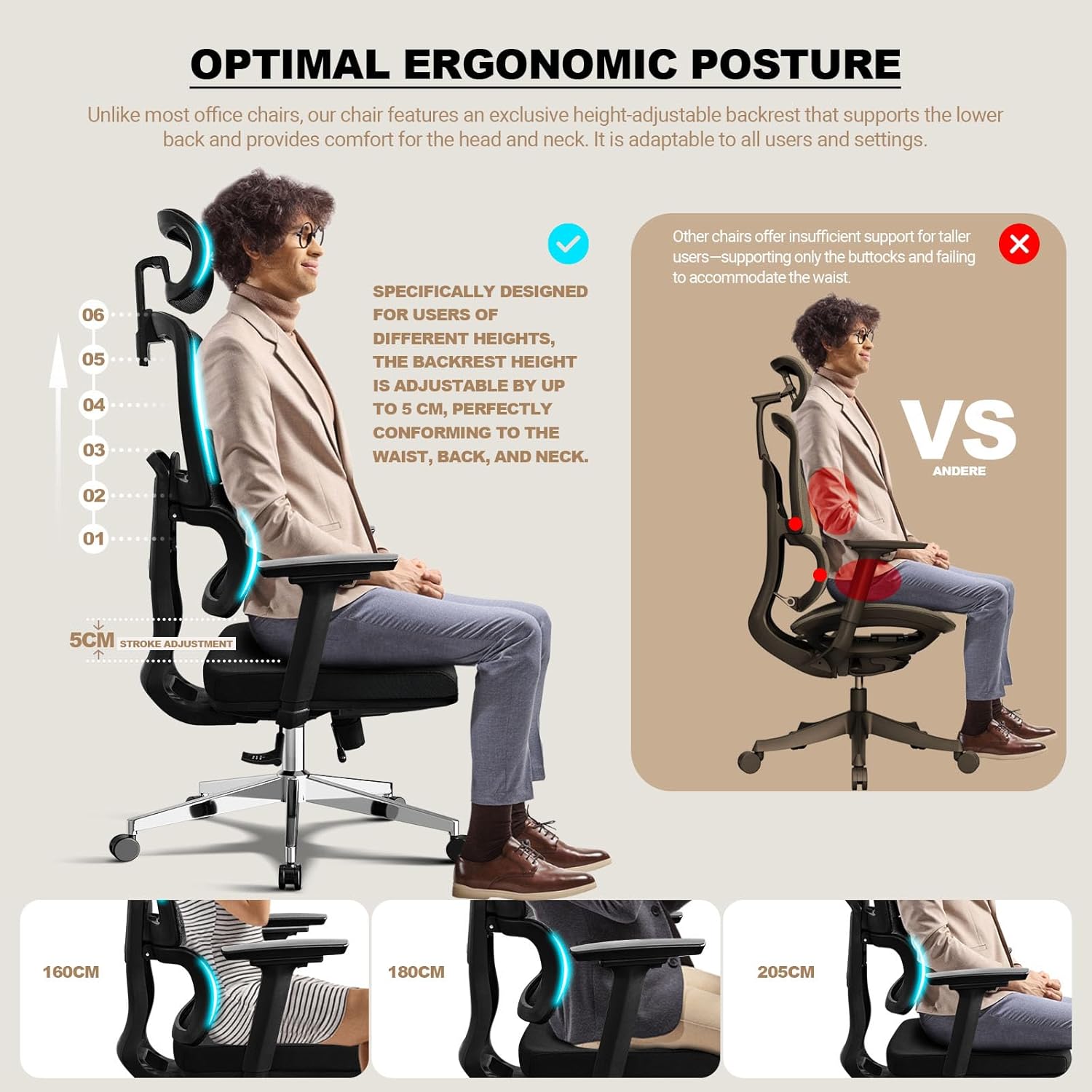 Ergonomic posture and backrest height adjustment for different user heights