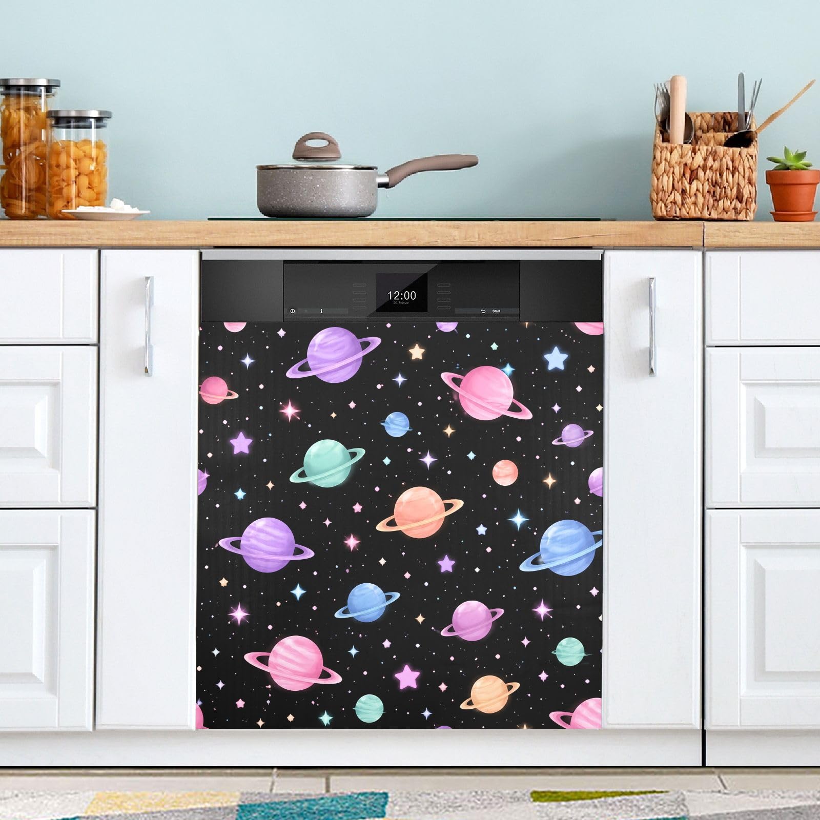 Dishwasher Magnet Cover 58.42 x 66.04 cm Magnetic Dishwasher Door Cover Trimmable Appliance Decorative Panel Decal for Kitchen Cabinet Refrigerator Washer, Planets