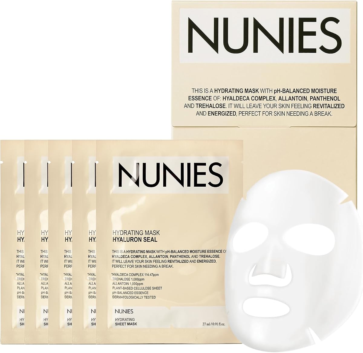 NUNIES Mascarilla hidratante hialurónica – Mascarilla facial hidratante coreana para pieles secas y sensibles | Trehalosa, Alantoína y Pantenol | Esencia de agua | Cuidado de la piel coreano | Sin fragancia | 5 hojas