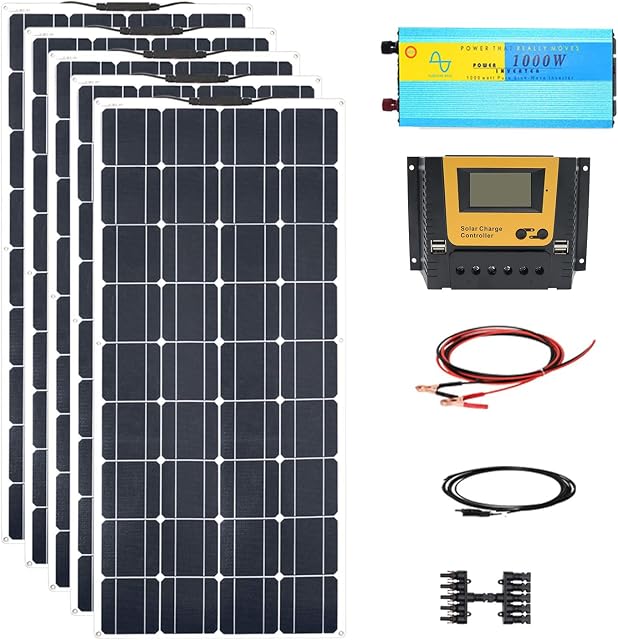 XINPUGUANG 500w Off Grid Solar Kit 5pcs 100w Flexible Solar Panel Monocrystalline Module + 50A Controller + 1000w Pureshine Inverter (500w)