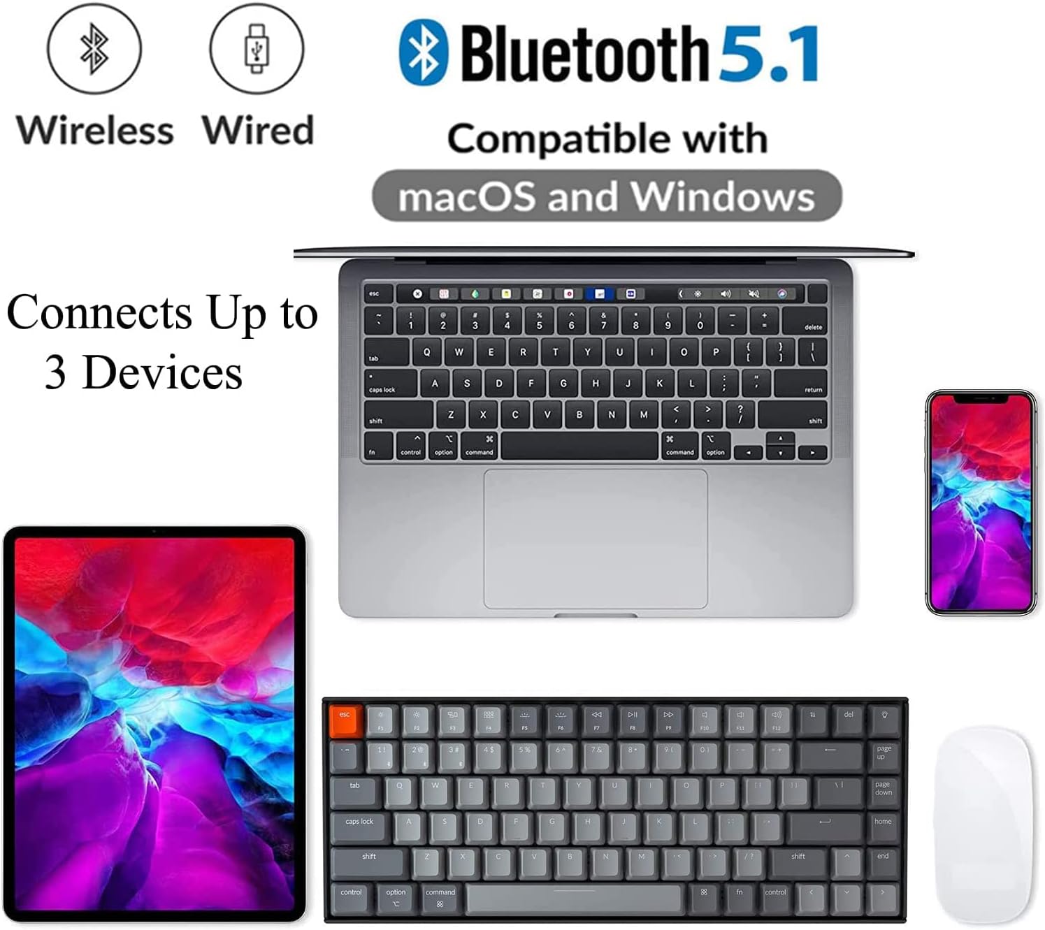 Keychron K2 Version 2 Gaming Mechanical Keyboard Wireless/Wired, 75% Layout Compact 84 Keys Bluetooth Keyboard with RGB Backlit, N-Key Rollover, Gateron G Pro Red Switch for Mac Windows