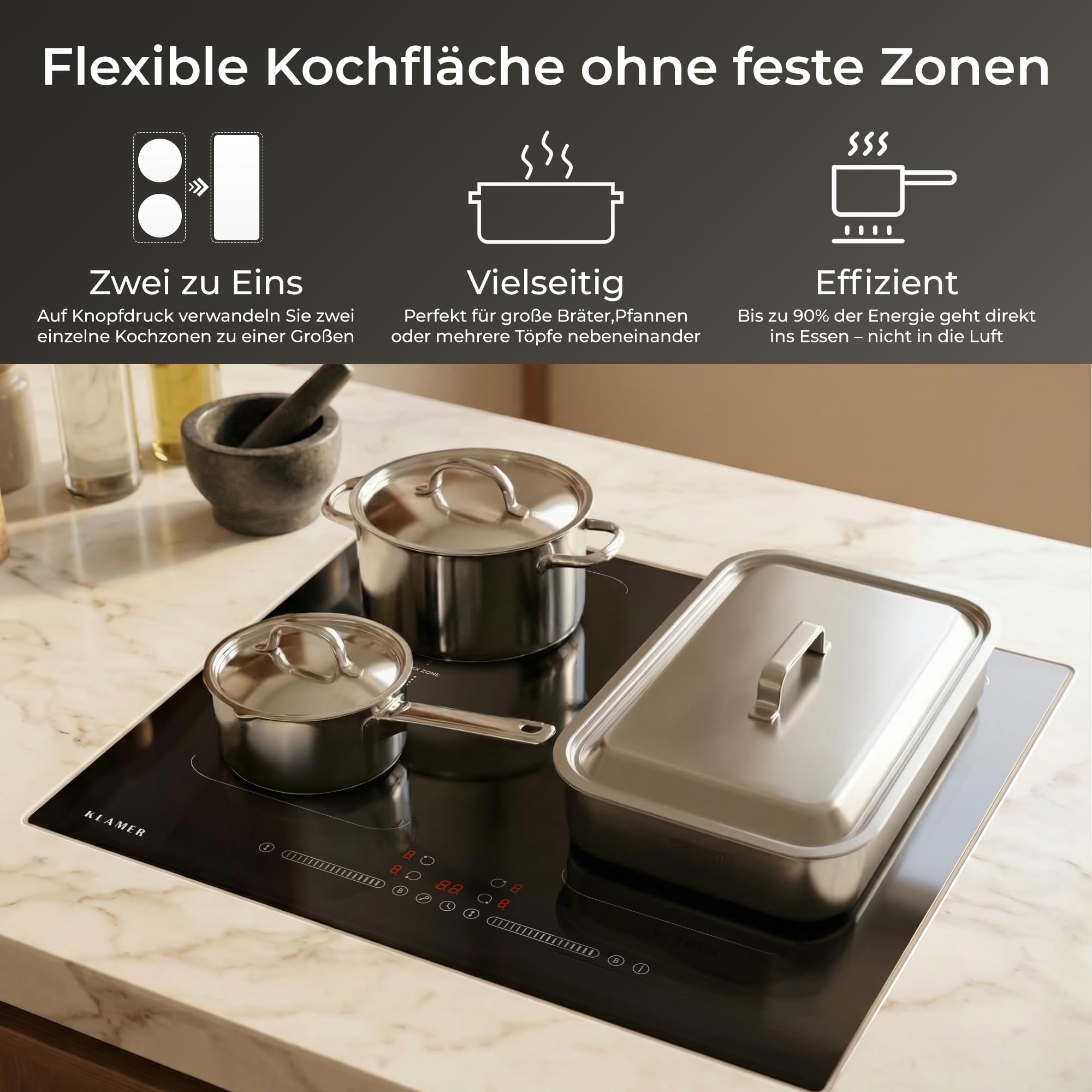 KLAMER Induktionskochfeld 60 cm, 4 Zonen mit 2 Flexzonen, 7400 Watt, Boost Funktion, 9 Leistungsstufen, Timer 99 min, Kindersicherung, Kratzfeste Glasoberfläche - 4