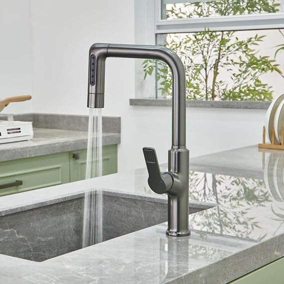 XJTNLB Kitchen Mixer Tap with Pull Out Spray 5 Spary Modes Waterfall Tap for Kitchen Sink Brushed