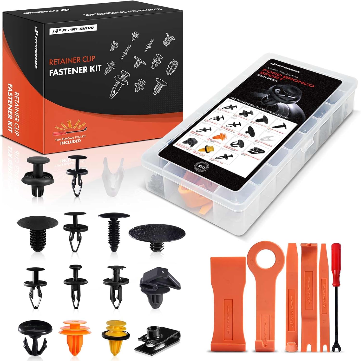A-Premium 15 Sizes 36.64oz Bumper Fender Door Retainer Clip Kit Compatible with Ford Bronco Sport 21-24 Weatherstrip Trim Liner Car 150PCS Plastic Rivets Fasteners Push Retainer Kit, w/Removal Tool