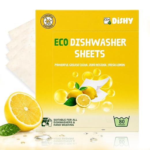 Dishy Eco-Friendly Dishwasher Detergent Sheets - 80 Loads | Plant-Based, Biodegradable & Plastic-Free | Alternative to Dishwasher Tablets | Fresh Lemon Scent