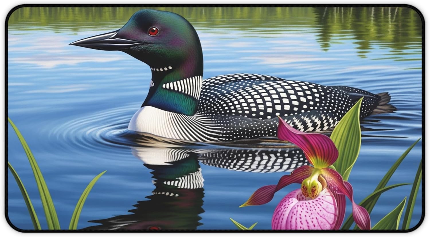 Vividly Colored Loon with Pink Lady's Slipper Desk Mat - Premium Smooth Surface for Adult Use