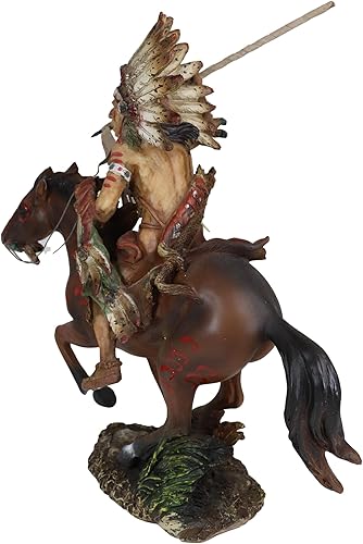 Miniatura 5 de Ebros Tribal Nativo Americano Guerrero jefe indio con gorro de guerra tocado de águila cargando en caballo, estatua de lanza lanzando caballo, 13.25
