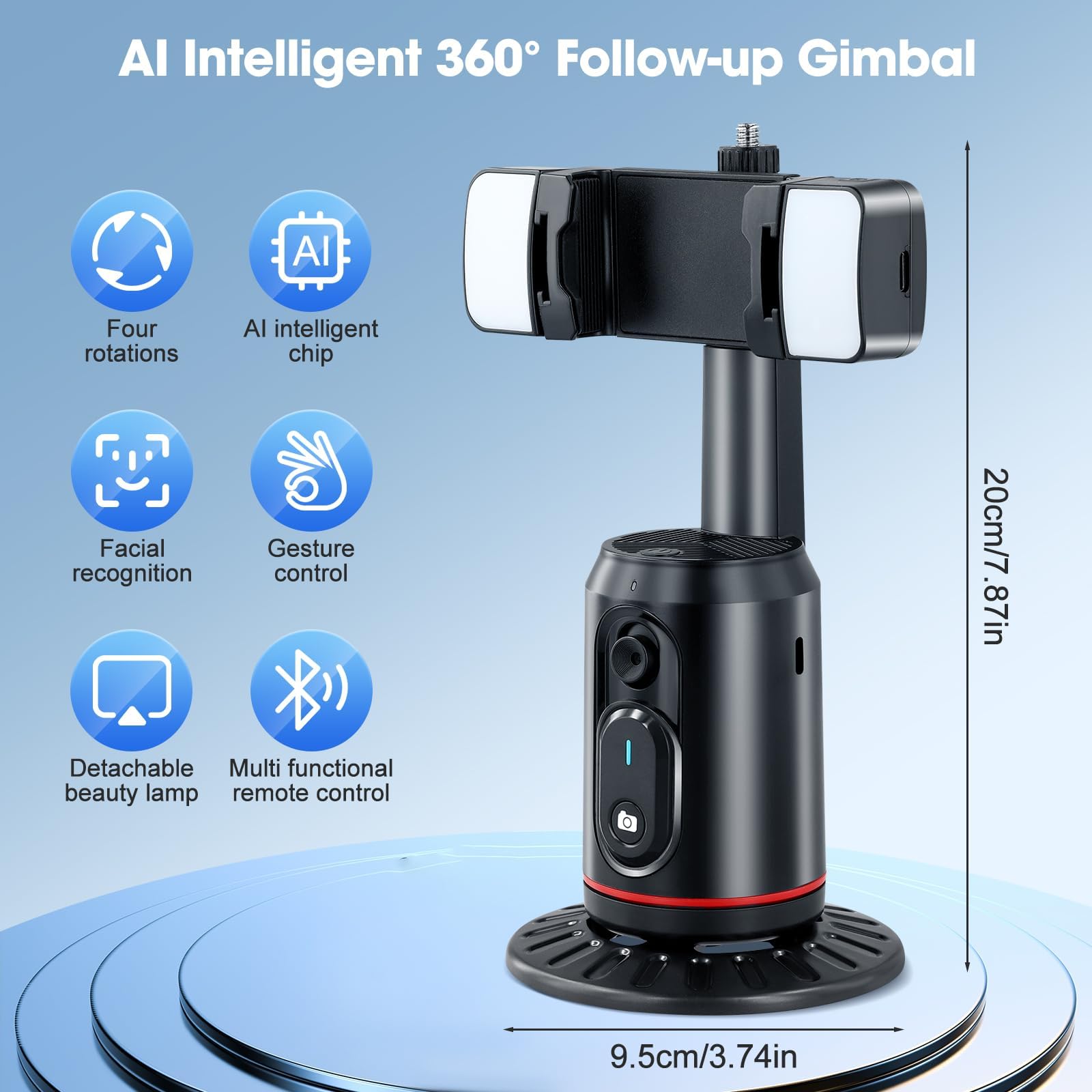 Auto Tracking Treppiede Smartphone con Luce Selfie, Supporto per Telefono Cellulare con Funzione di AI Tracciamento 360°del Viso e Telecomando, Stabilizzatore Gimbal Bastoni Selfie per iPhone/Android