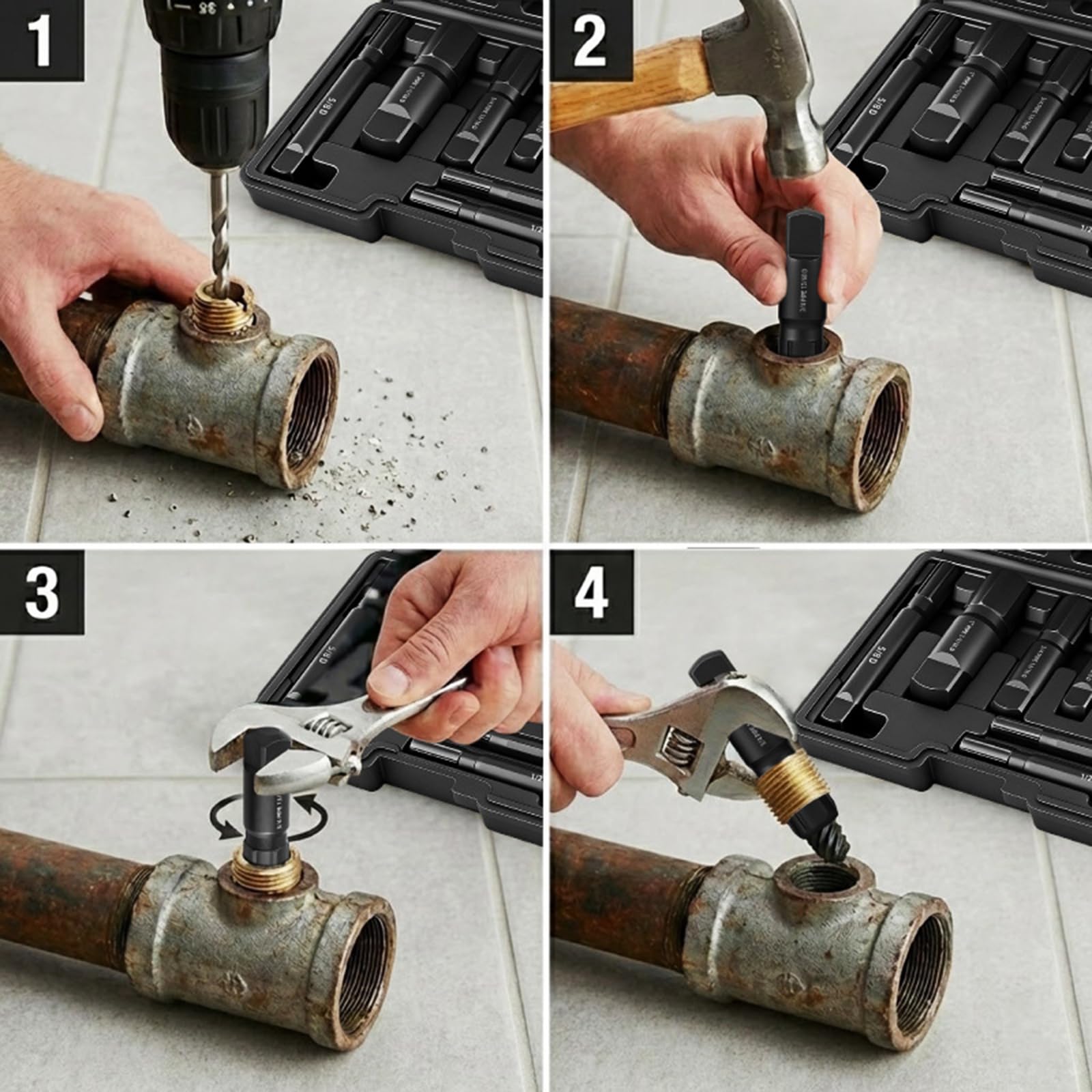 Set di attrezzi per la rimozione del tubo in acciaio con scatola di immagazzinaggio per manutenzione Set estrattore danneggiato Attrezzature per la riparazione del filo dell'acqua