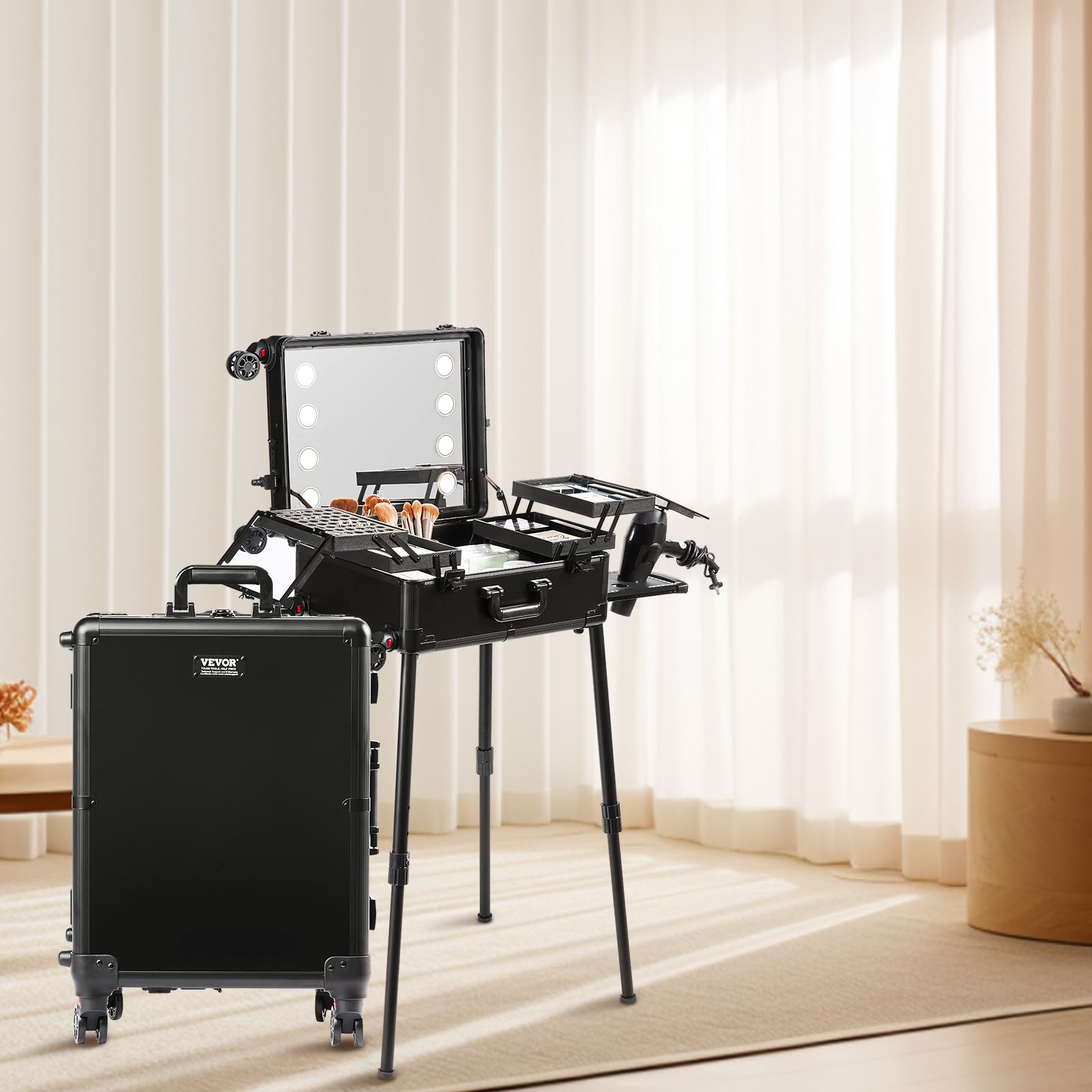 VEVOR Valigetta Portatile Astuccio per Trucco con Serratura con Specchio 4 Vassoi Porta Pennelli, Valigetta Astuccio per Matite, Scatola Trucco per Cosmetici Rotelle Girevoli a 360° Supporto Estetiche