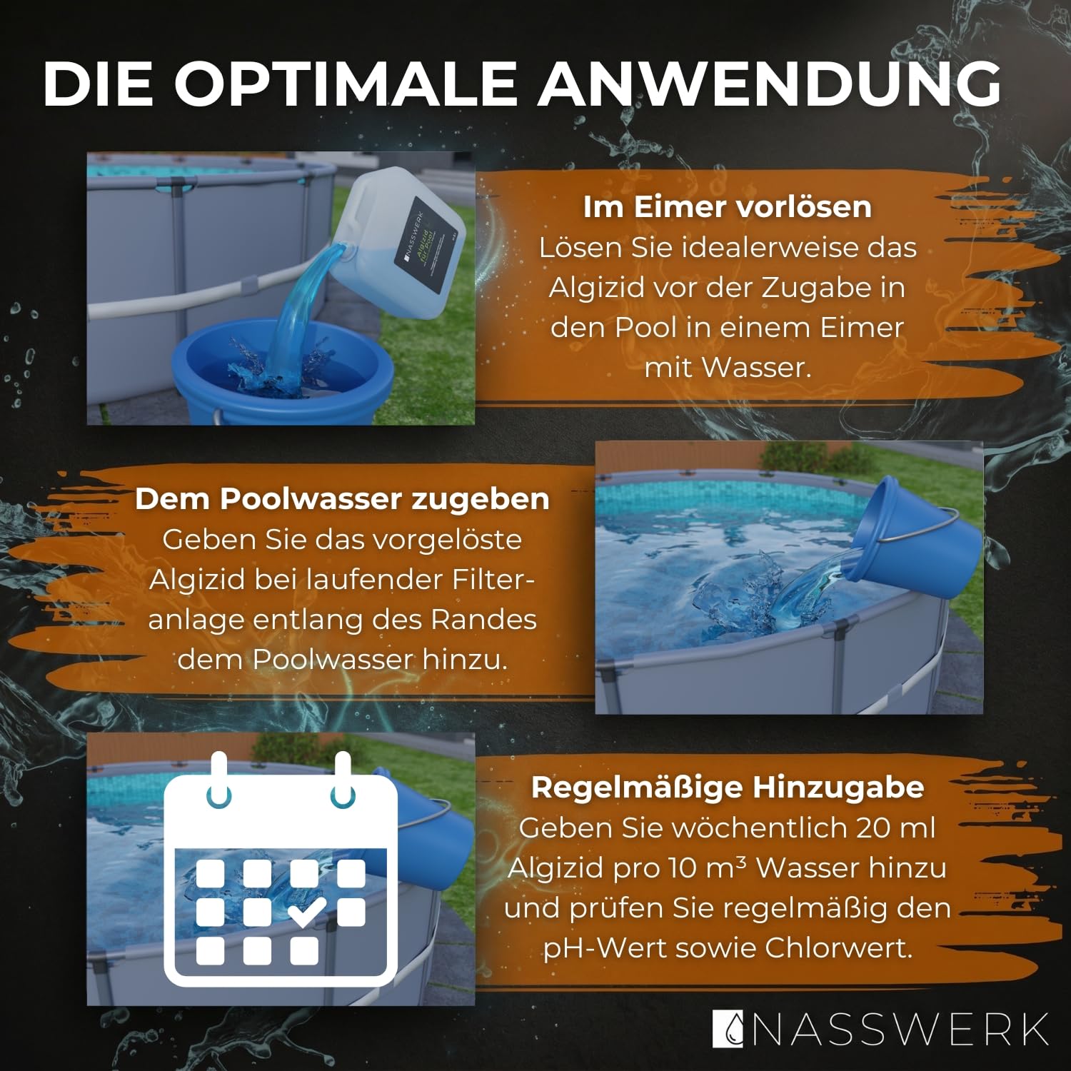 NASSWERK® Algizid für Pool flüssig 5L | Algenvernichter Pool um grünes Poolwasser klar bekommen | Poolklar Anti Algenmittel für Whirlpool | Pool Algenvernichter mit Klareffekt Algezid Algenverhüter