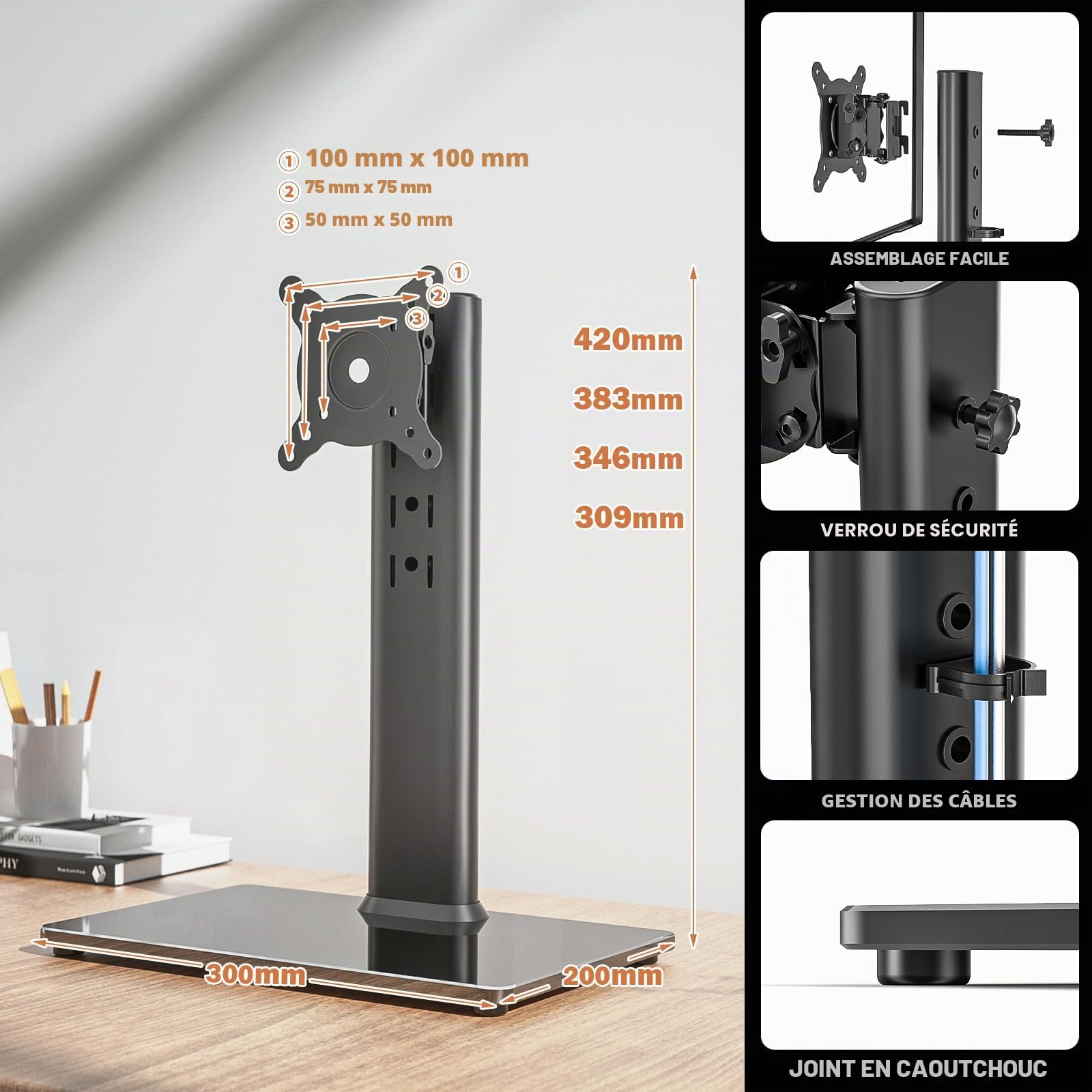 Hemudu Support de Bureau Simple pour écran LCD 13"-32" avec Pivot, Hauteur réglable, Rotation, 35 kg