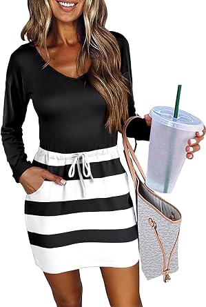 LUXVEER Womens Long Sleeve Dress V Neck Drastring Waist Casual Short Mini Dresses 2025 Trendy Fall Outfits