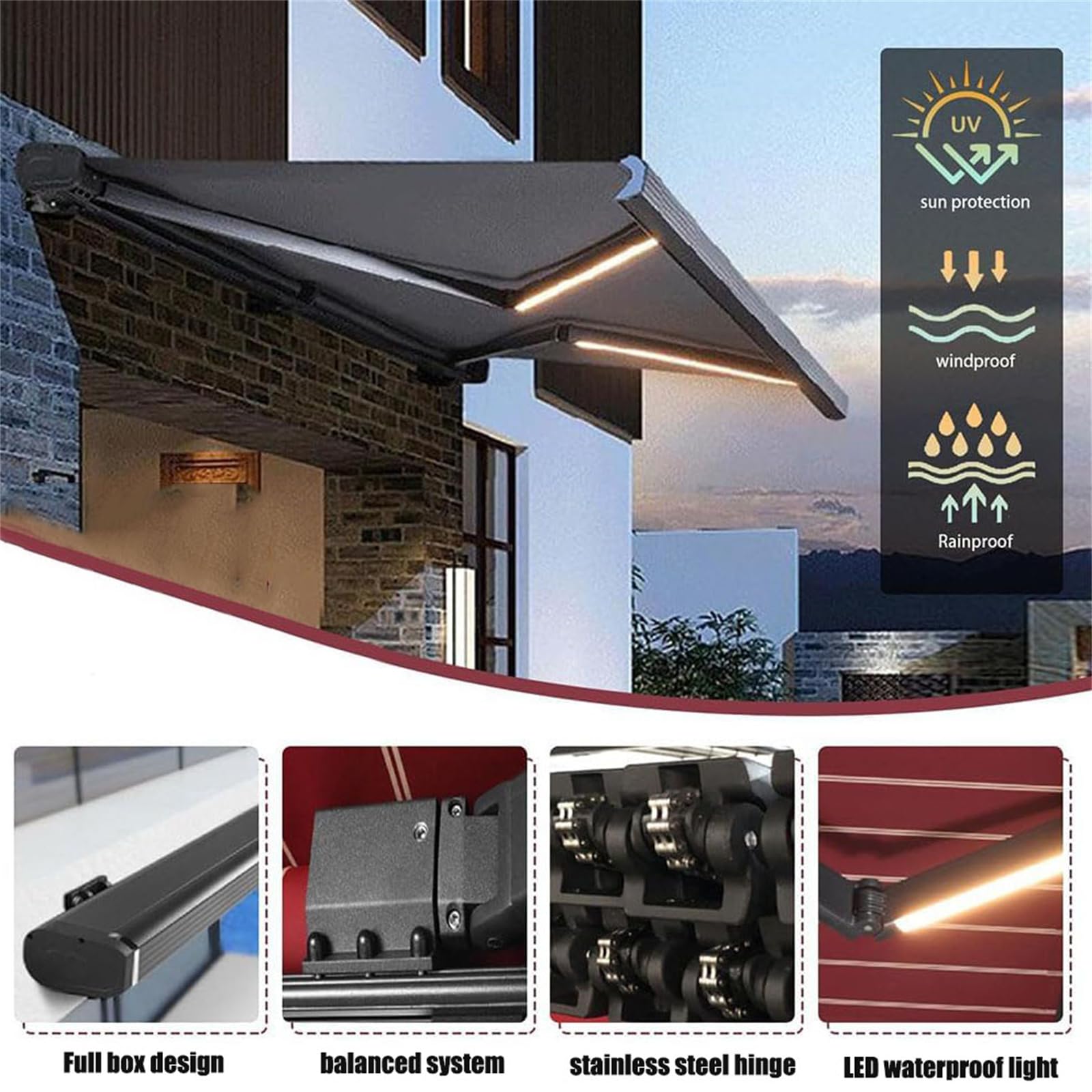Tenda da sole retrattile con luce LED, baldacchino automatico per ombra esterna, tenda da giardino e balcone in alluminio
