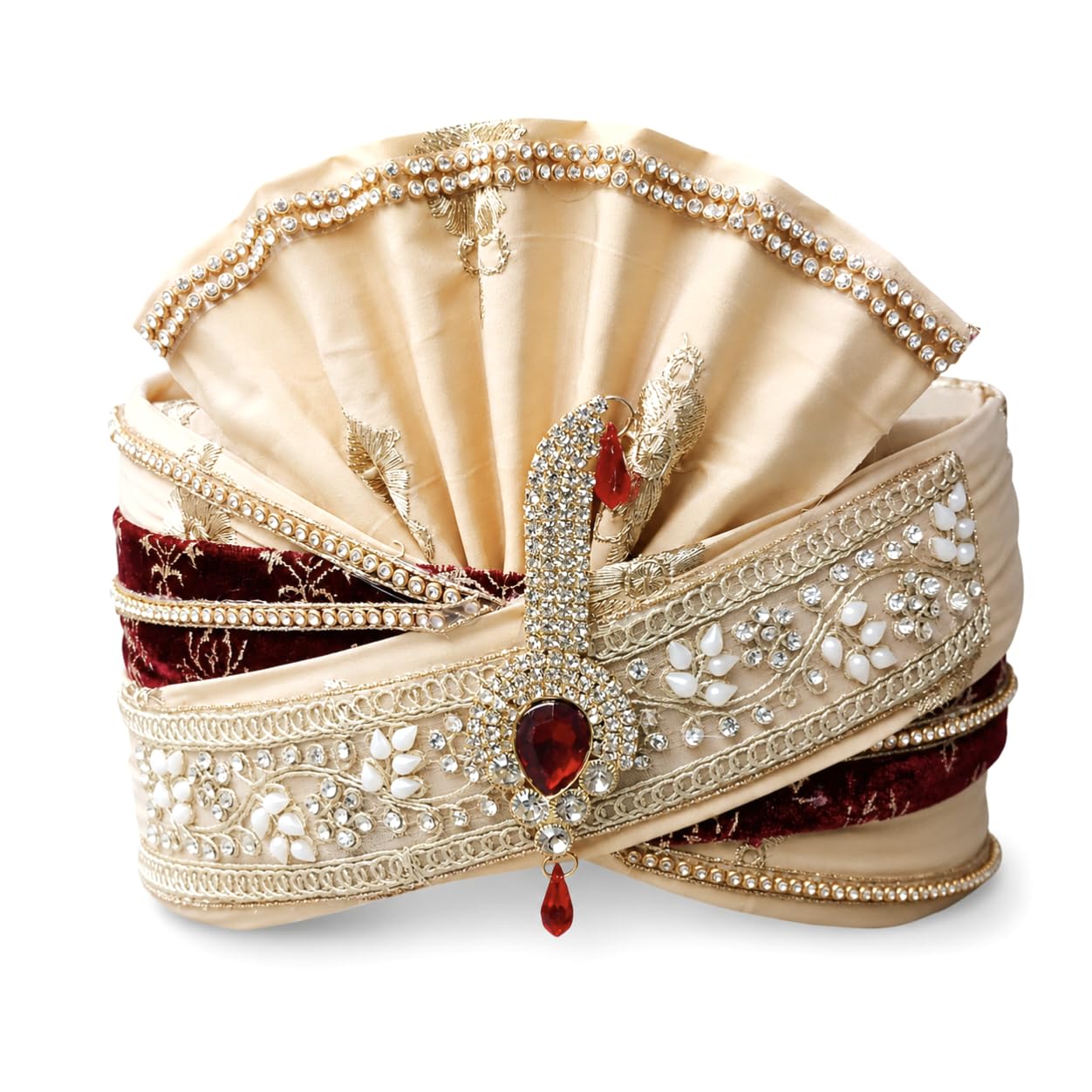 bhawani Indian Wedding Turban Safa, Cream and Maroon Velvet with Embroidery-picture-44