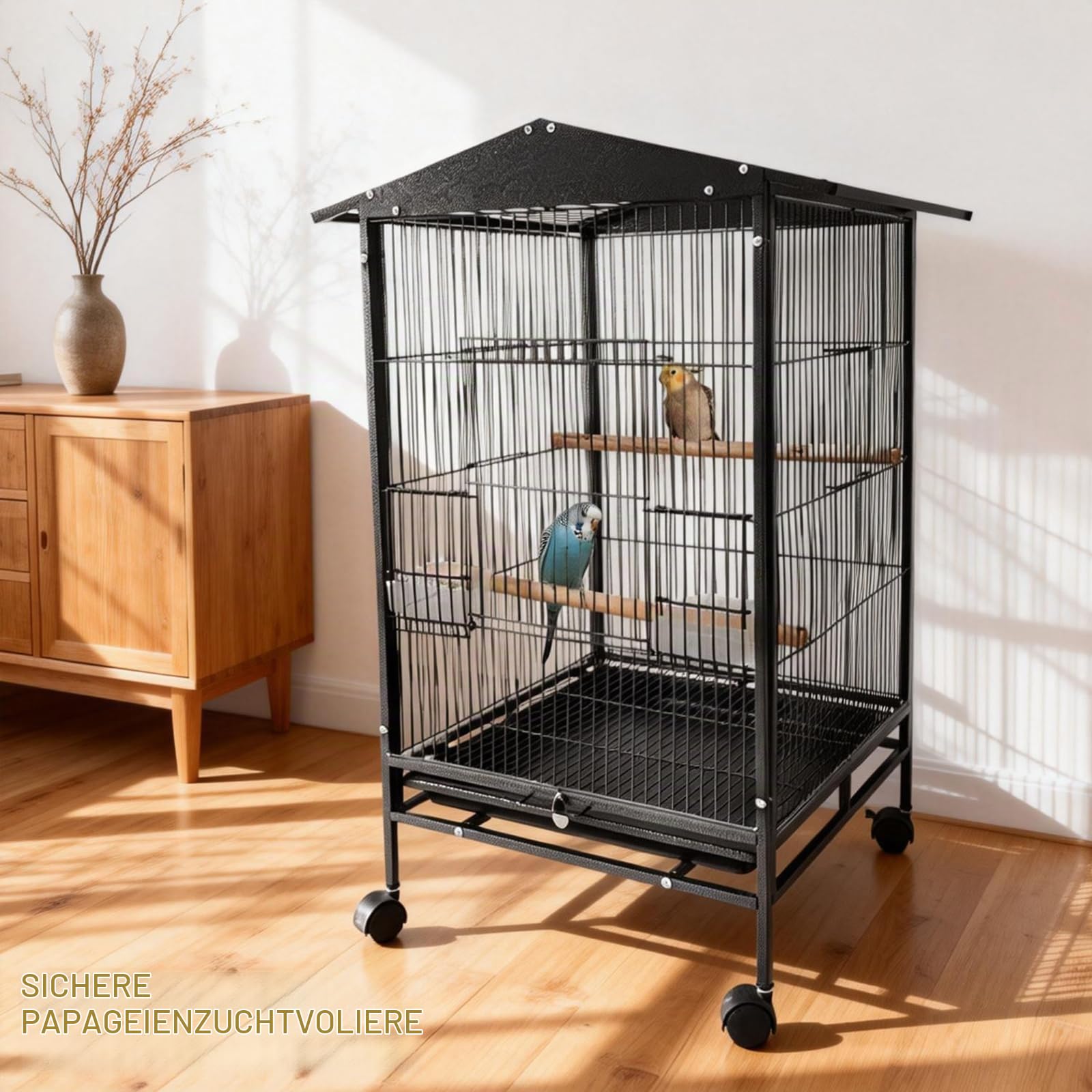 GarveeHome Vogelvoliere Großer Vogelkäfig Mit Rollen, Vogelhaus Mit Holzstangen Und Herausnehmbares Tablett Metall Vogelbauer Käfig Vogel Für Finken Kanarienvögel Wellensittiche, 45x45x84cm