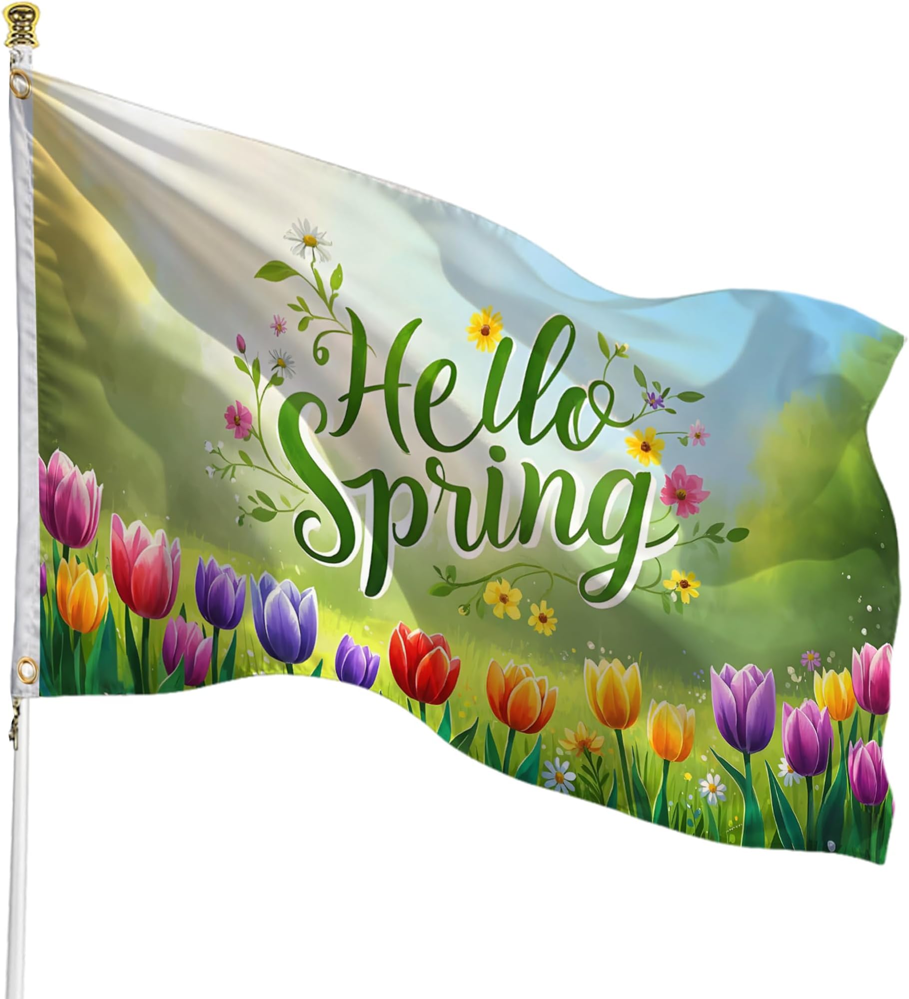 Hello Spring Flag 3x5 Ft, Double Sided Garden Banner with Colorful Tulips and Flowers, Outdoor Yard, Porch, Lawn & Patio Decoration, Seasonal Welcome Flag for Home, Durable Polyester with 2 Brass Grommets