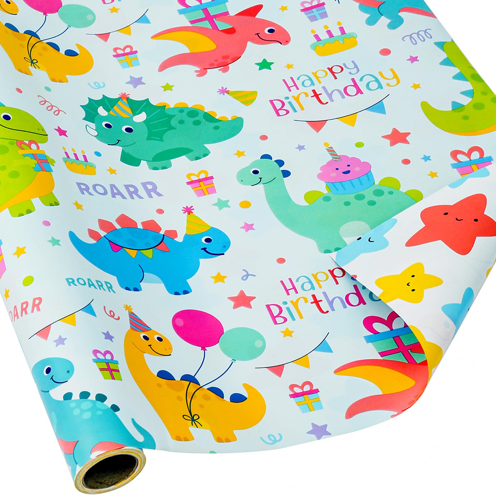 U'COVER Dinosaur Wrapping Paper Rolls Happy Birthday Gift Wrapping Paper Roll for Kids Boys Girls Baby Reversible Gift Wrap Dinosaur Star for Bday Party (DINOSAUR)
